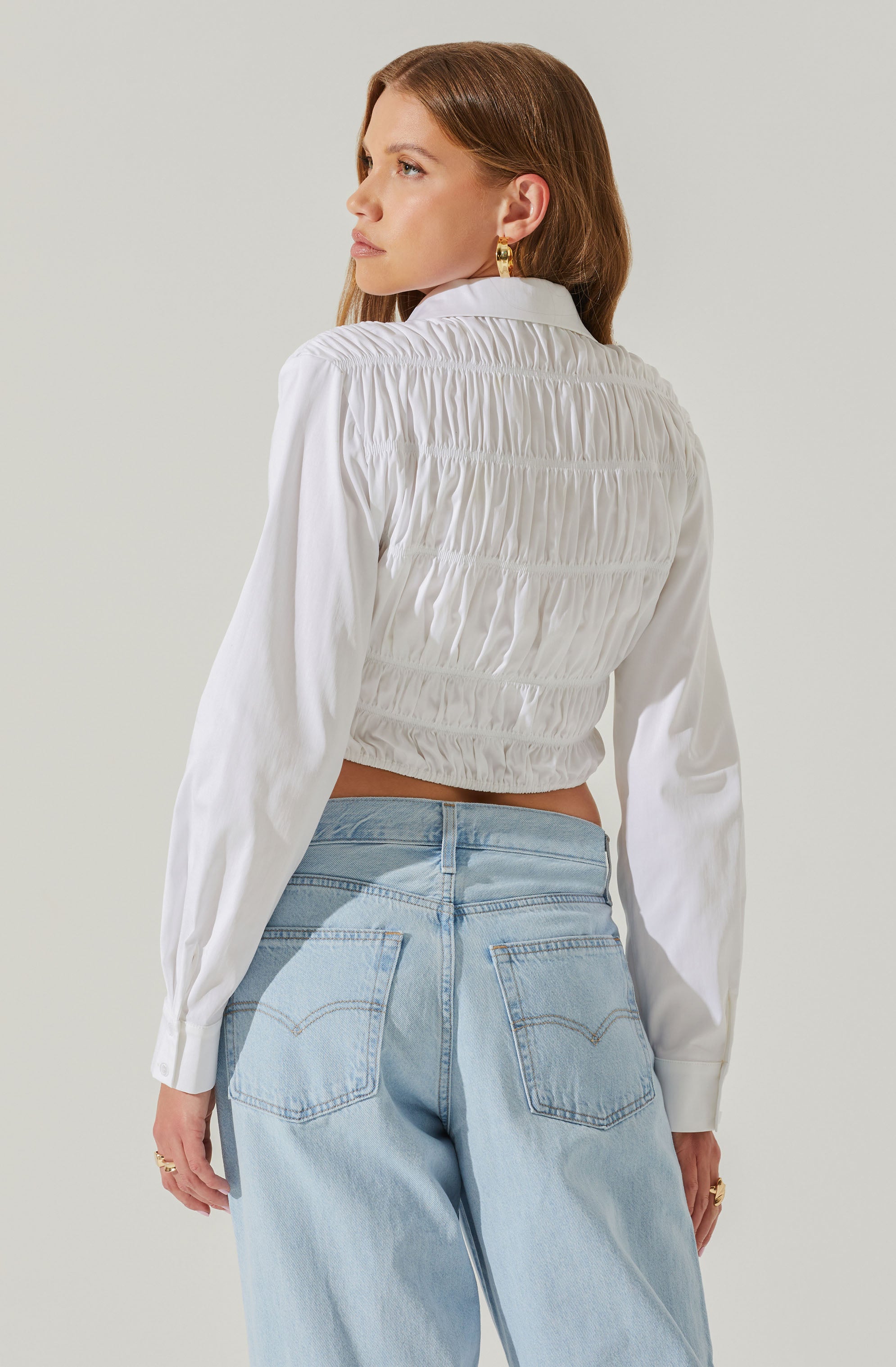 Hartlen Collared Smocked Long Sleeve Top-Aljck