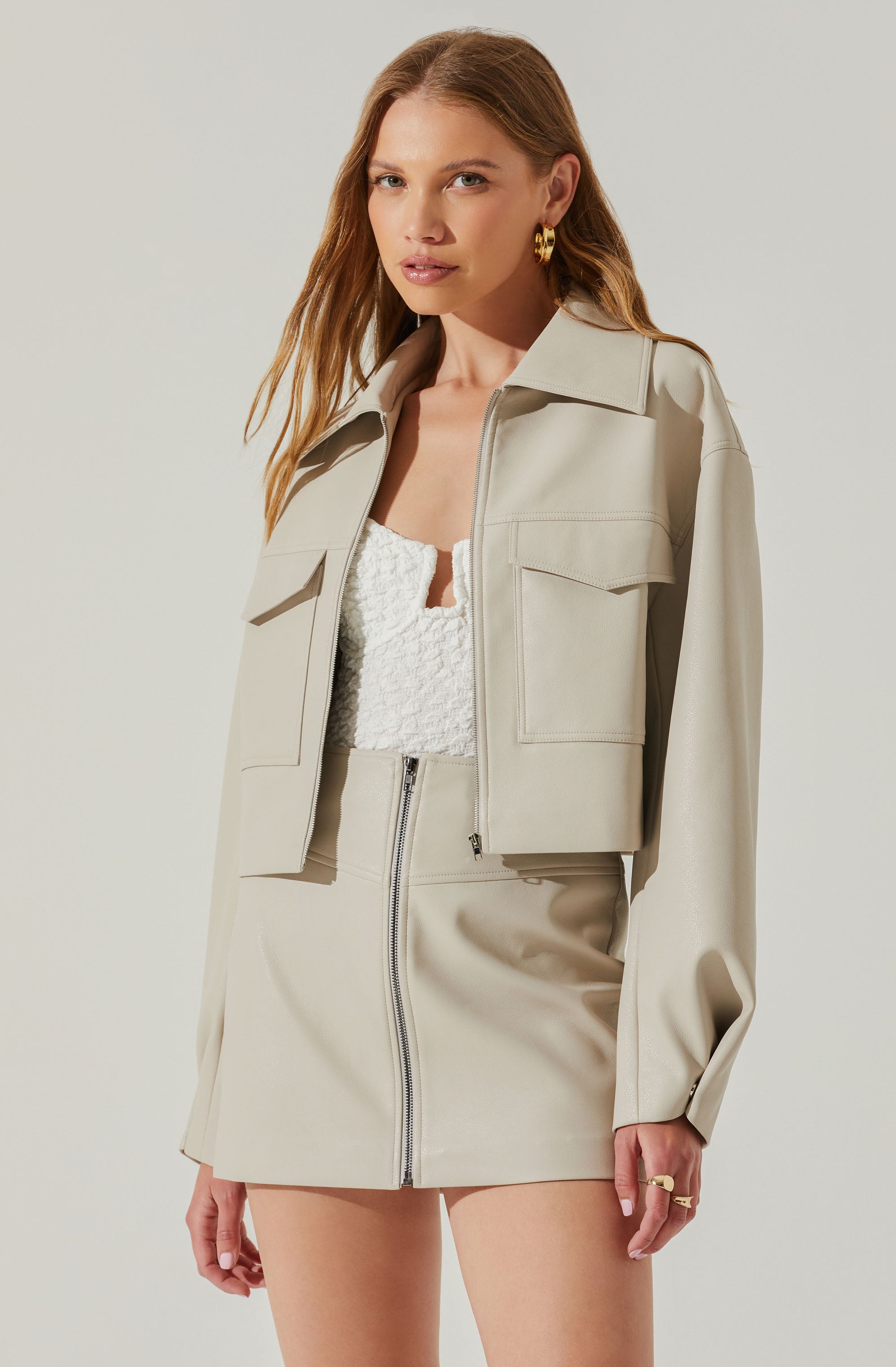 Tracy Faux Leather Cropped Cargo Jacket-Aljck