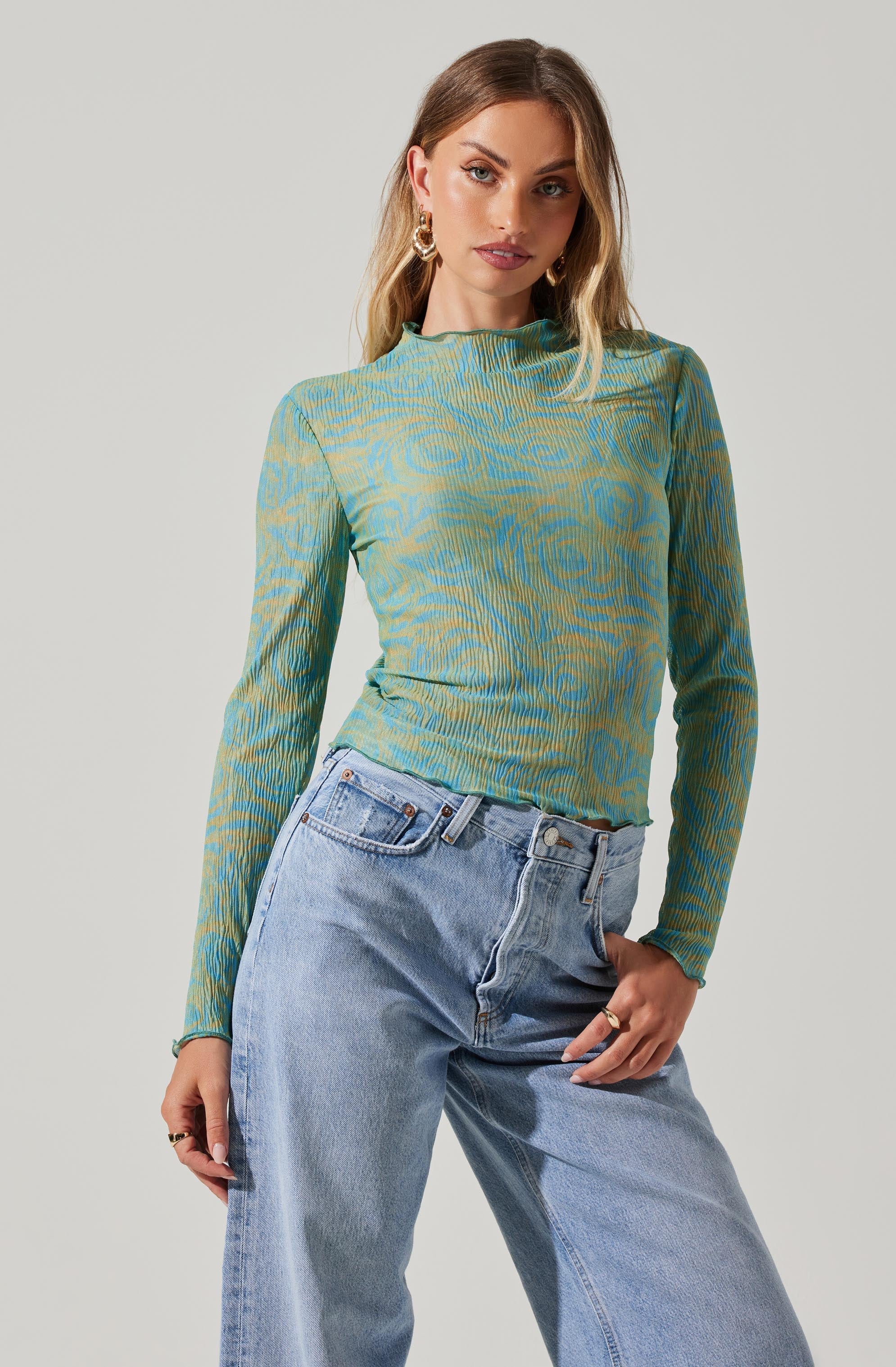 Eska Pleated Mock Neck Long Sleeve Top-Aljck