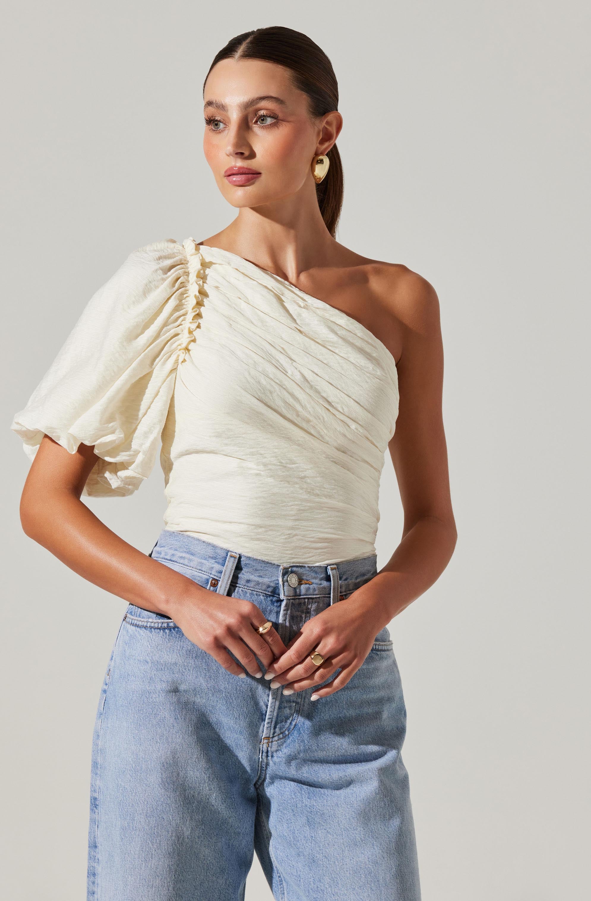 Gidget One Shoulder Pleated Top-Aljck