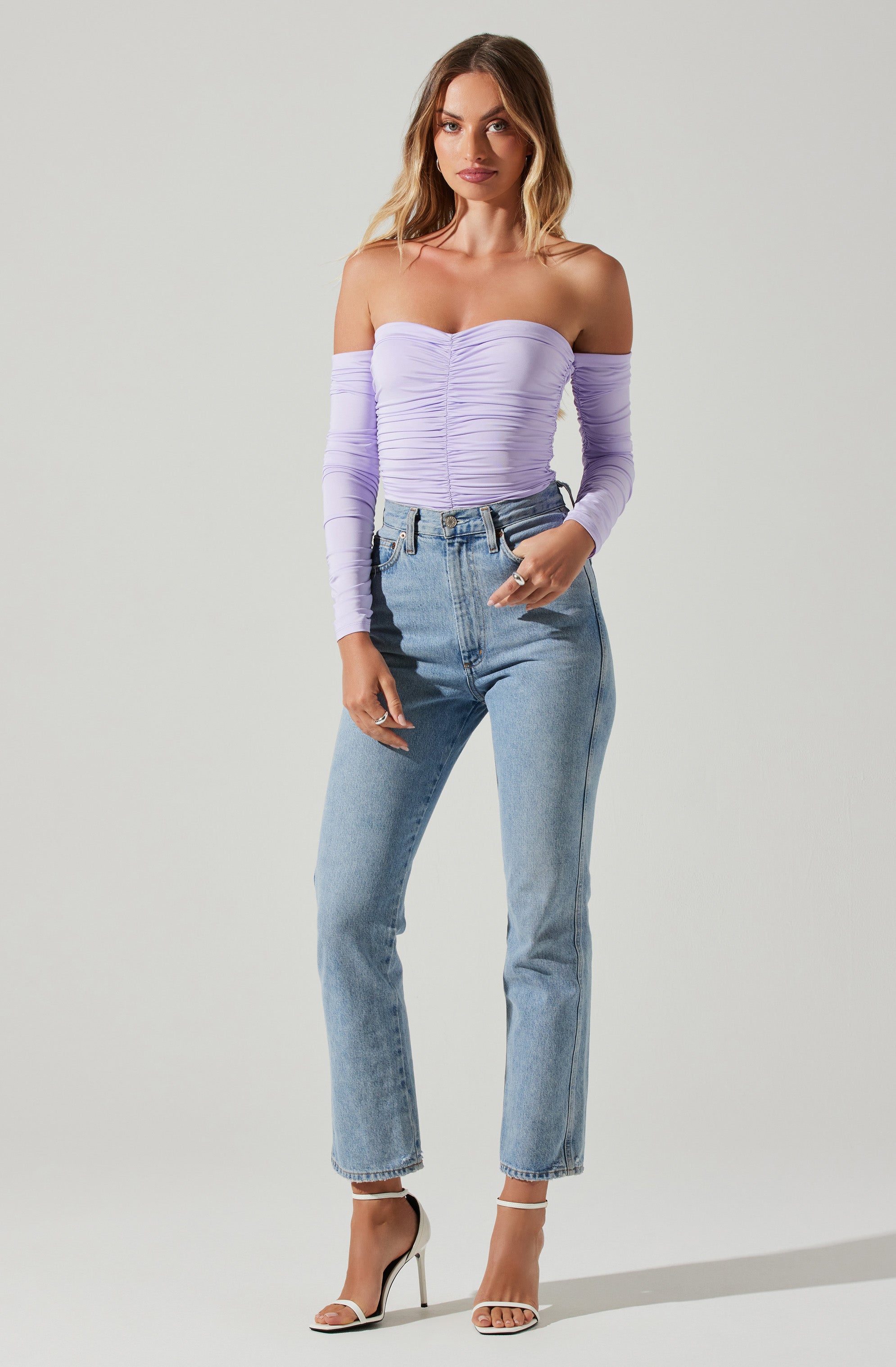 Evianna Off Shoulder Ruched Bodysuit-Aljck
