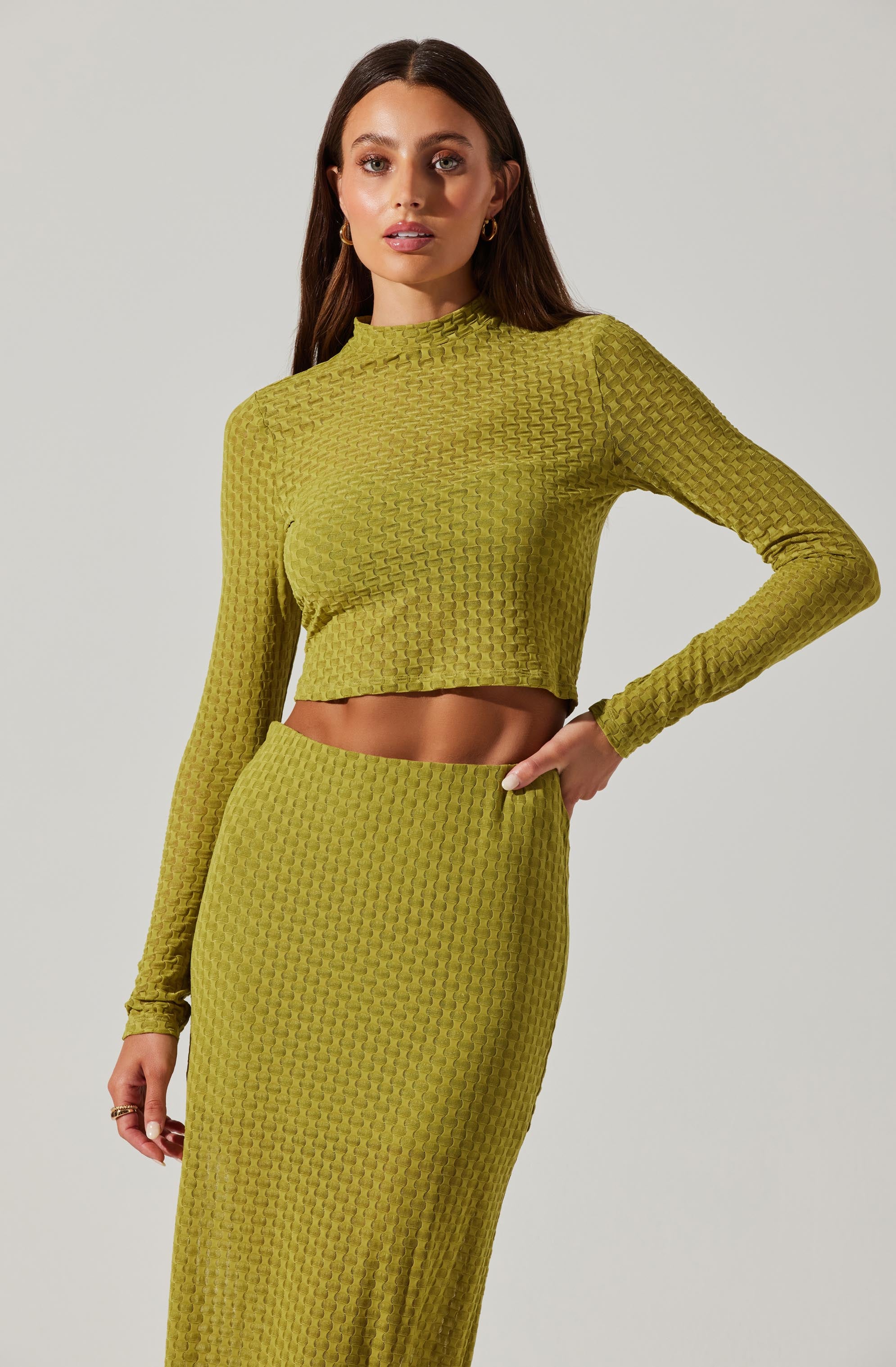 Indah Semi Sheer Mock Neck Long Sleeve Top-Aljck