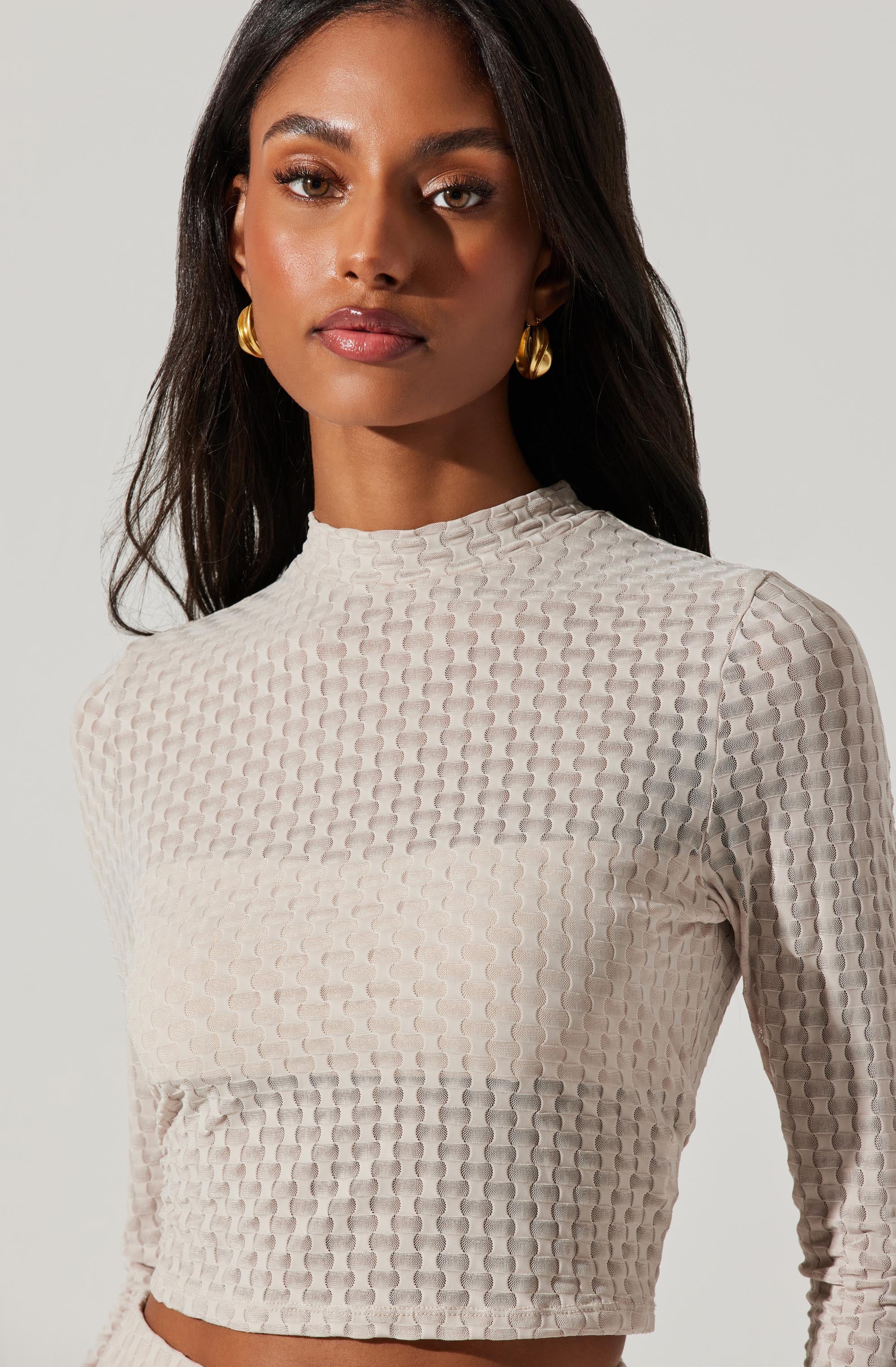 Indah Semi Sheer Mock Neck Long Sleeve Top-Aljck