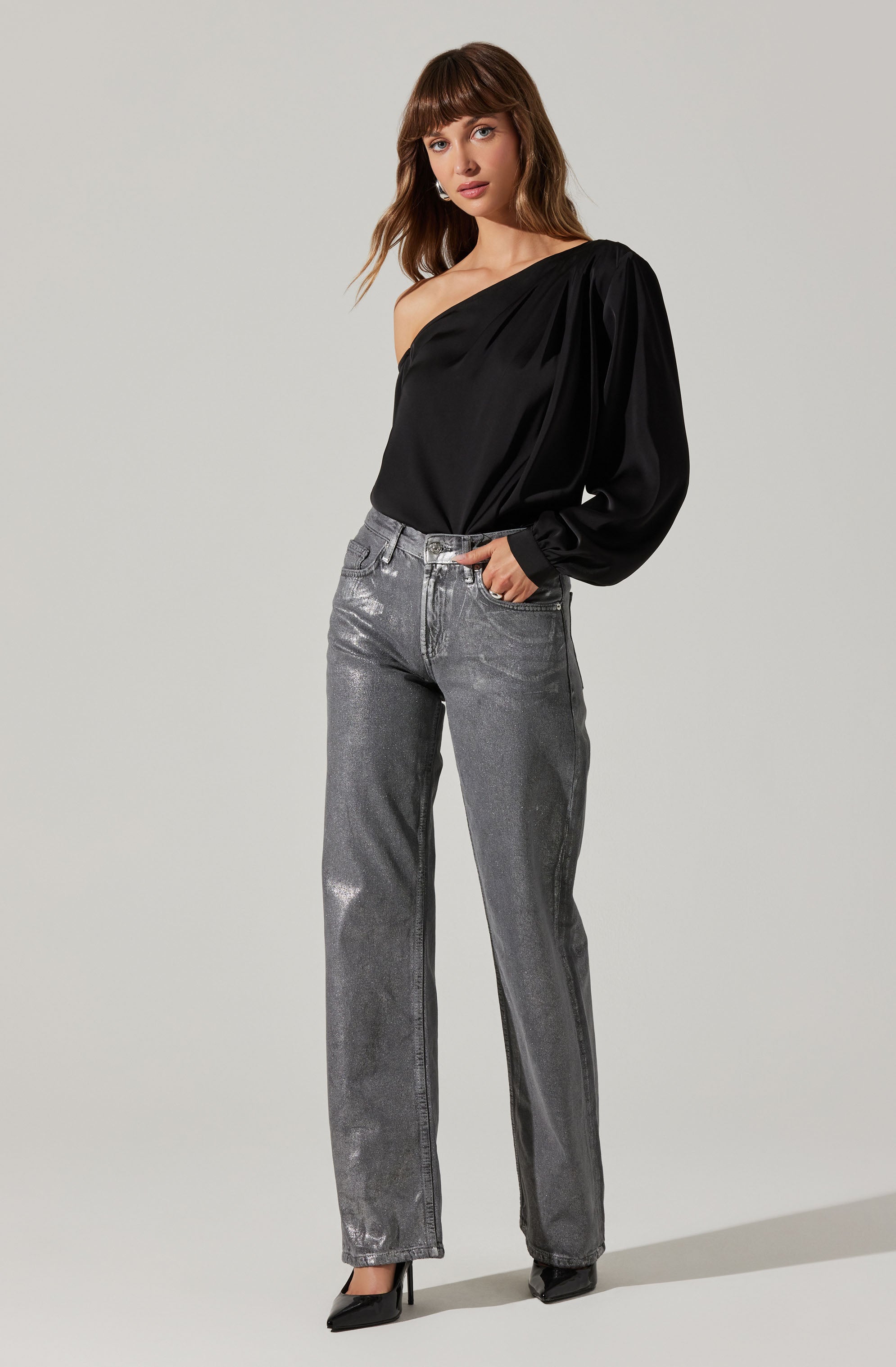 Nieves Satin One Shoulder Top-Aljck