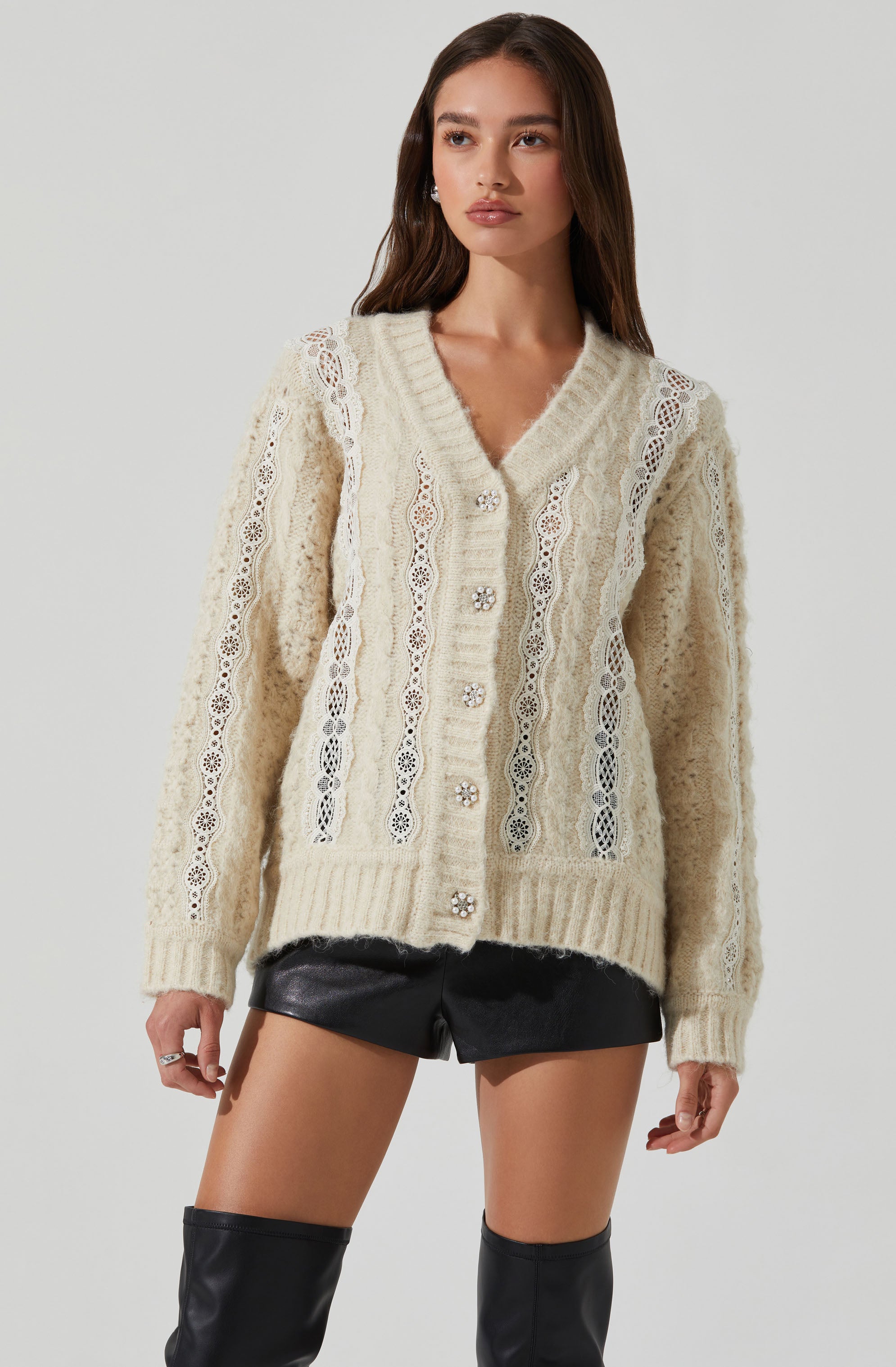Nesmarie Lace Embellished Cardigan-Aljck