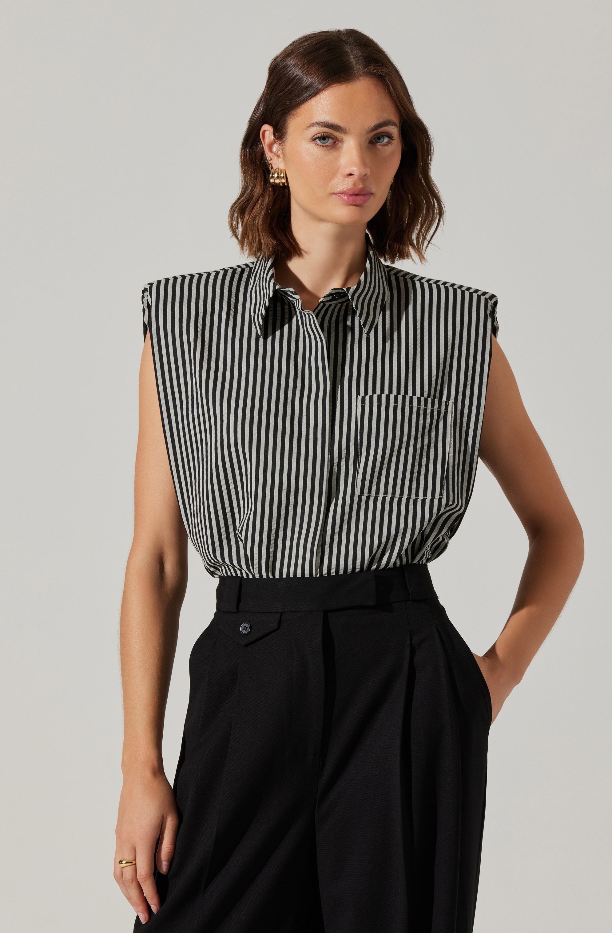 Elswyth Padded Shoulder Button-Up Top-Aljck