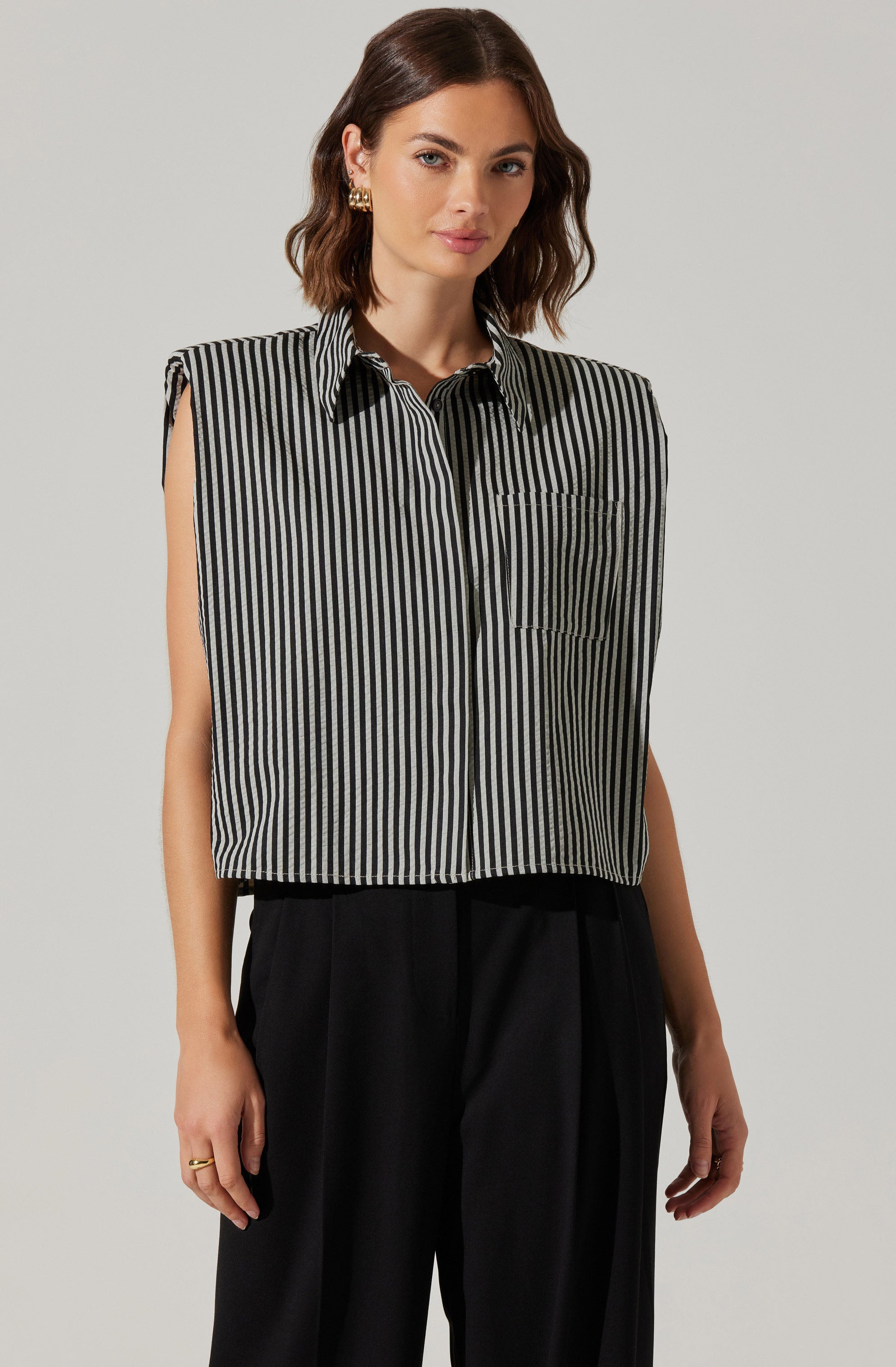 Elswyth Padded Shoulder Button-Up Top-Aljck