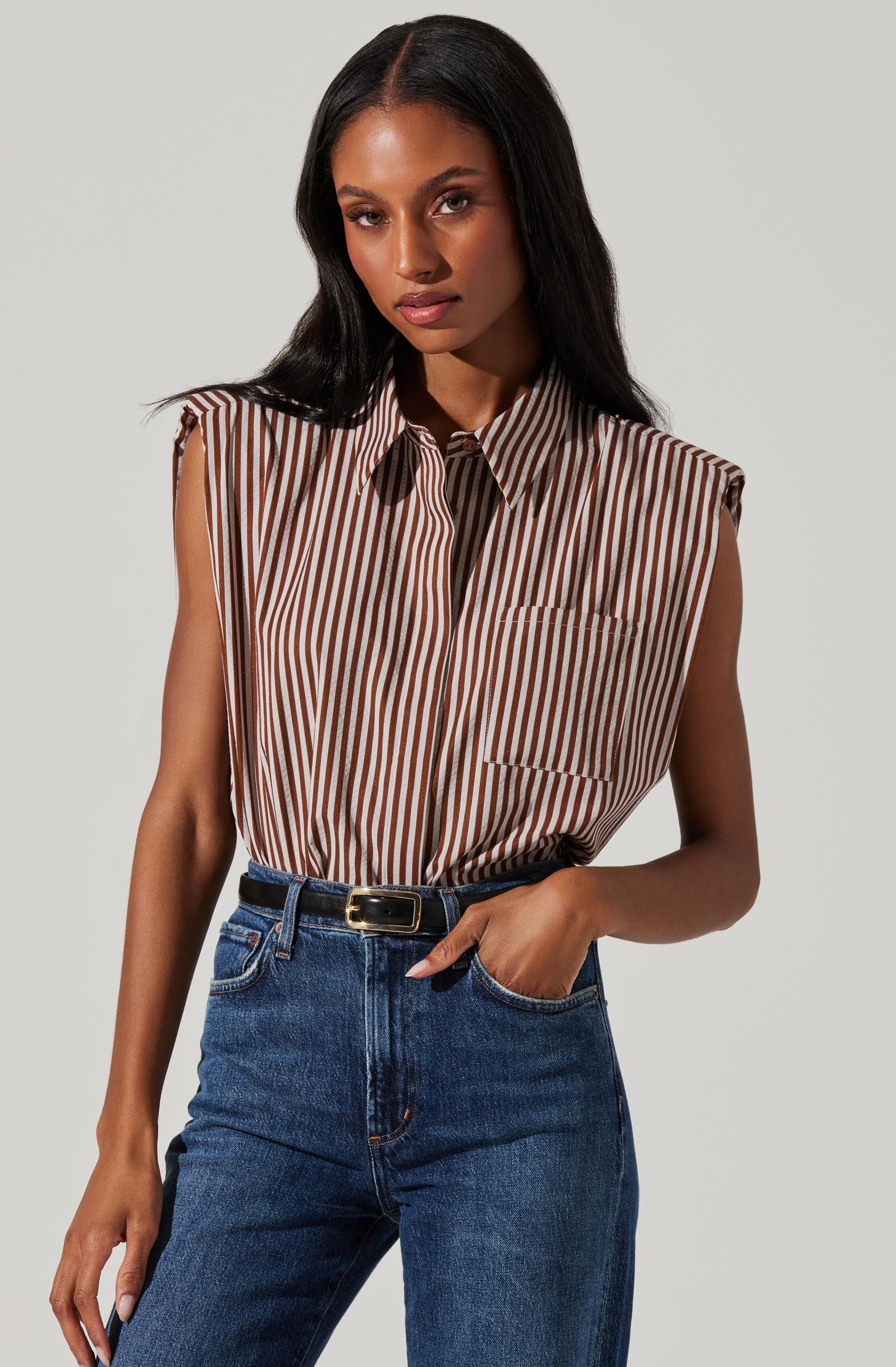 Elswyth Padded Shoulder Button-Up Top-Aljck