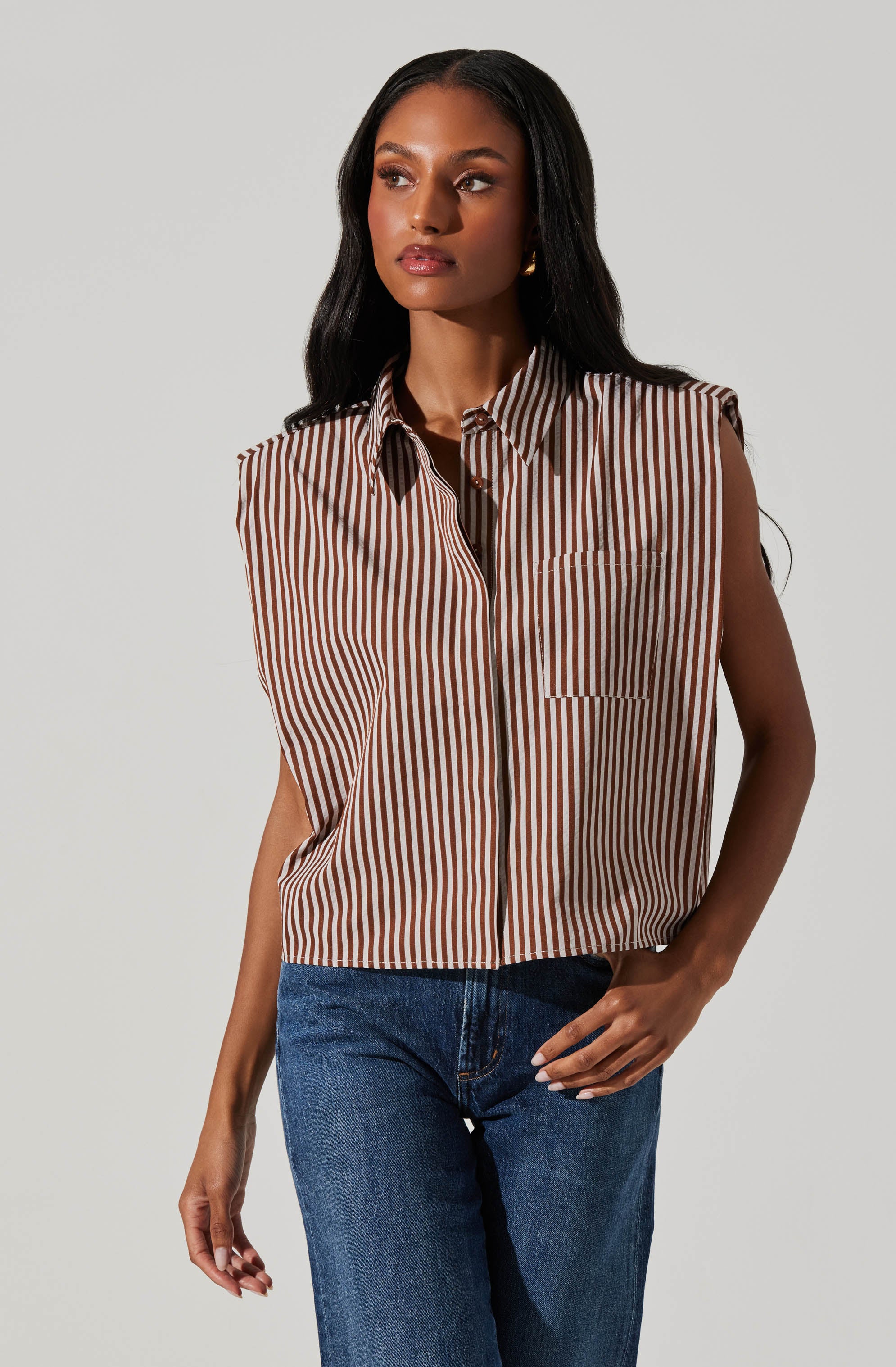 Elswyth Padded Shoulder Button-Up Top-Aljck