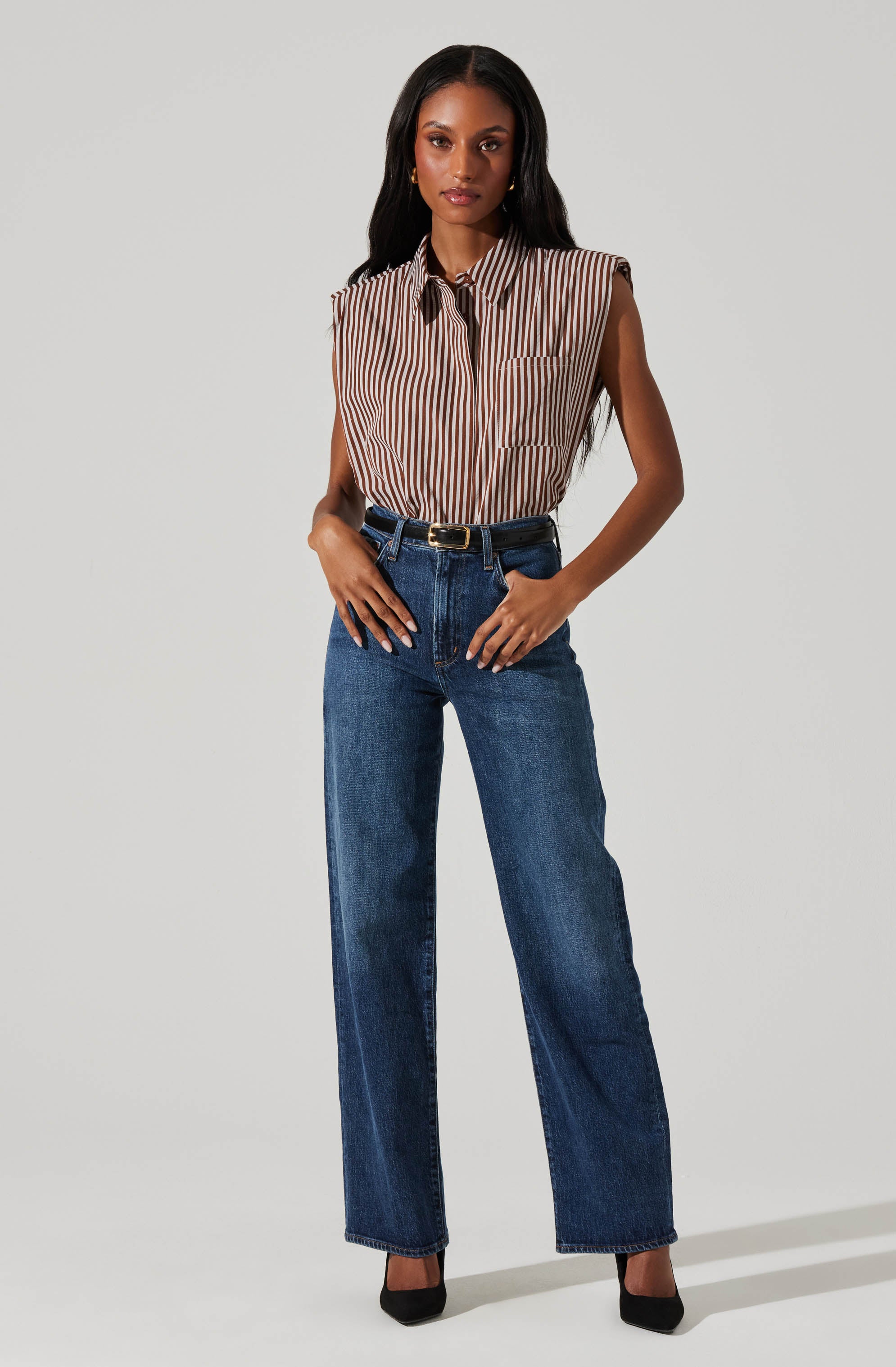 Elswyth Padded Shoulder Button-Up Top-Aljck