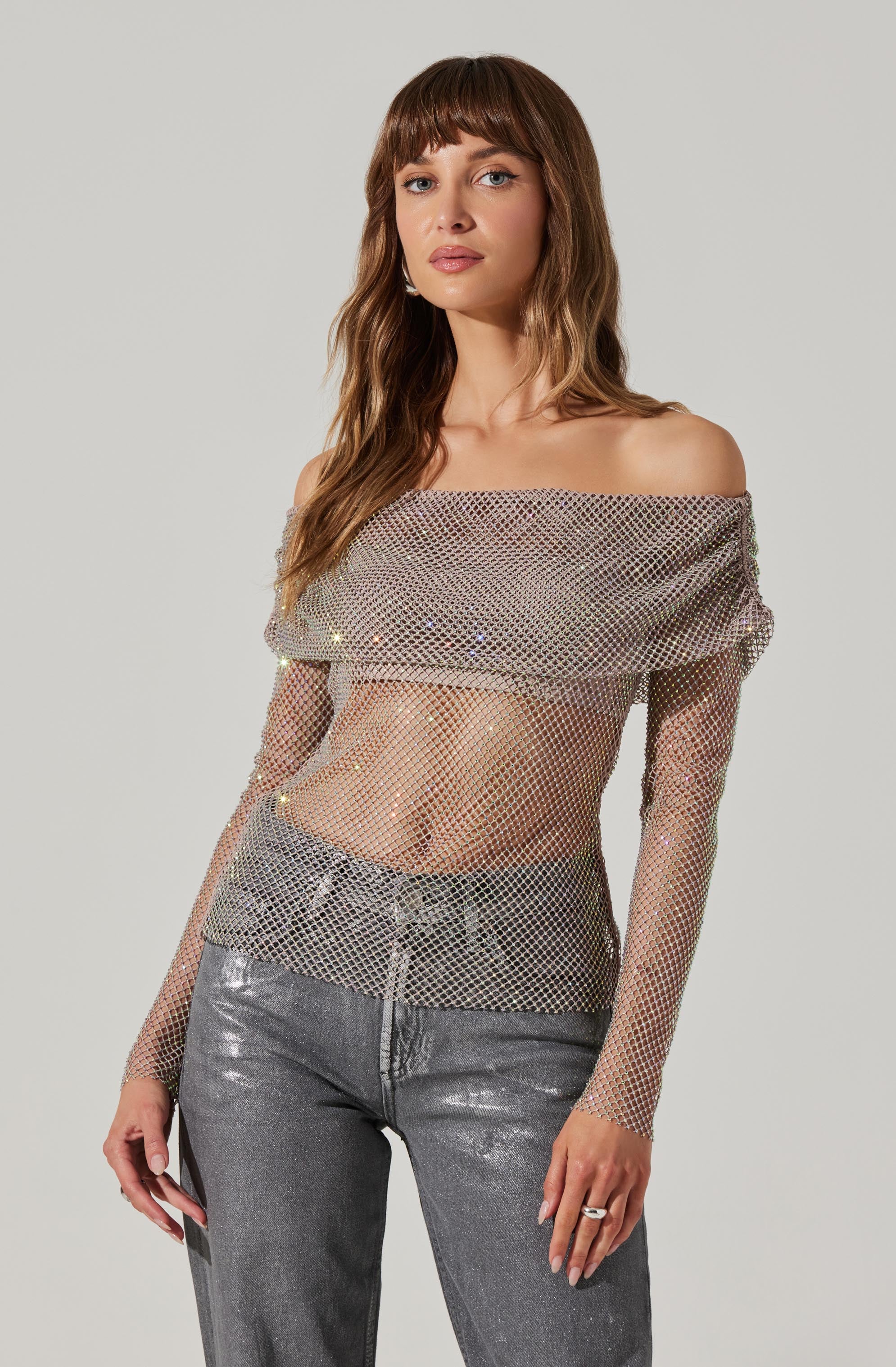 Diamante Rhinestone Mesh Off Shoulder Top-Aljck