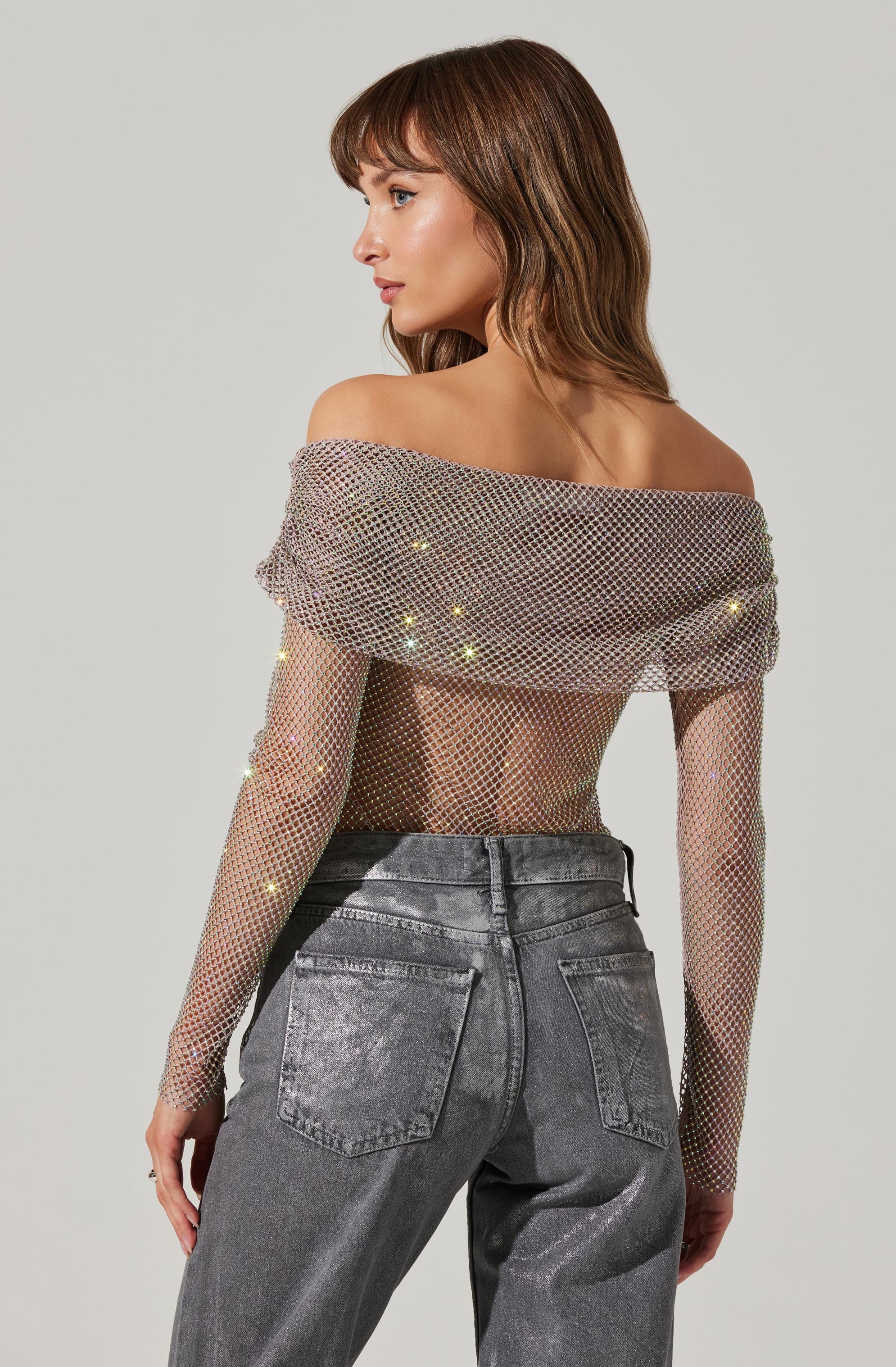 Diamante Rhinestone Mesh Off Shoulder Top-Aljck