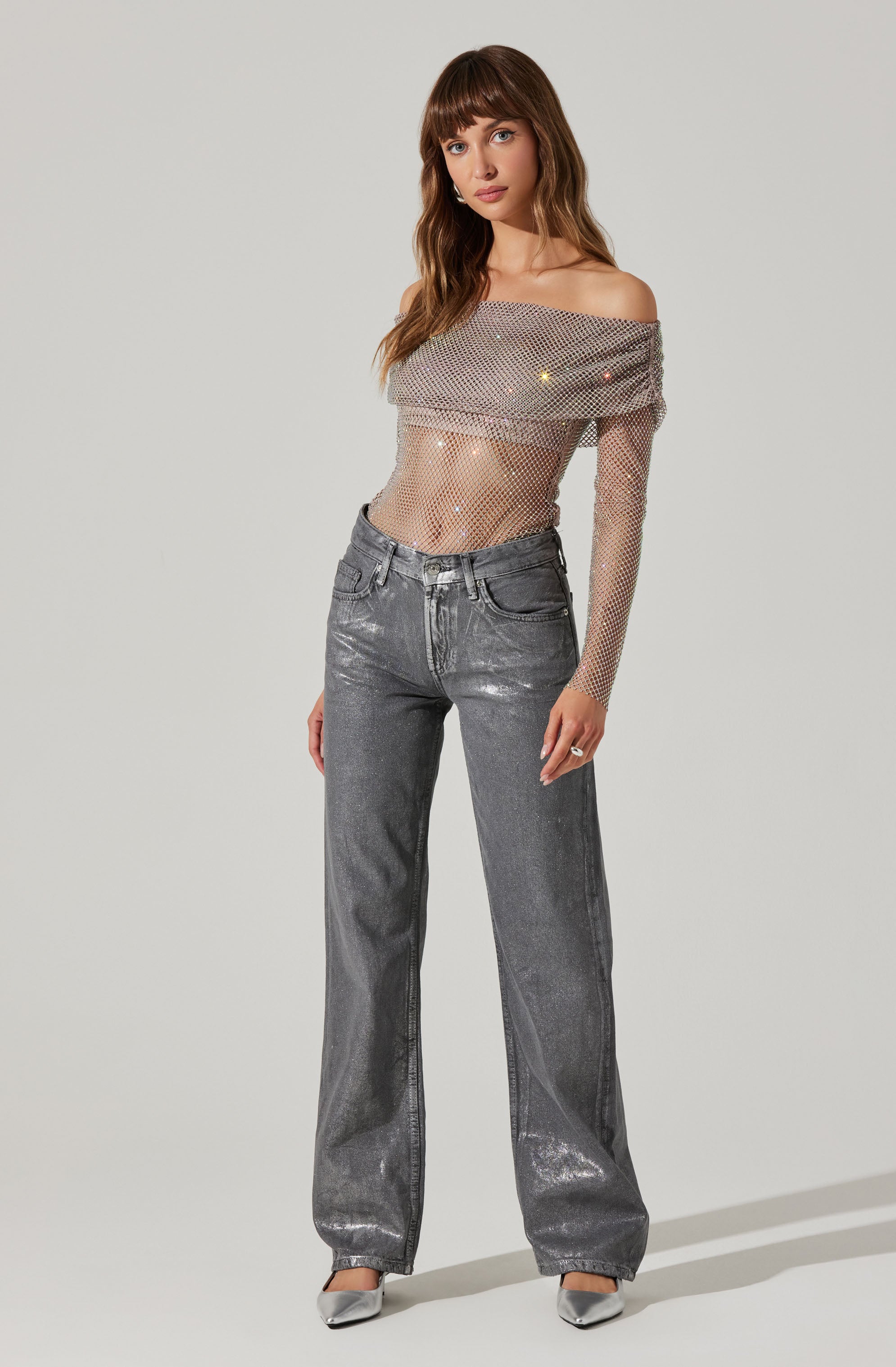 Diamante Rhinestone Mesh Off Shoulder Top-Aljck