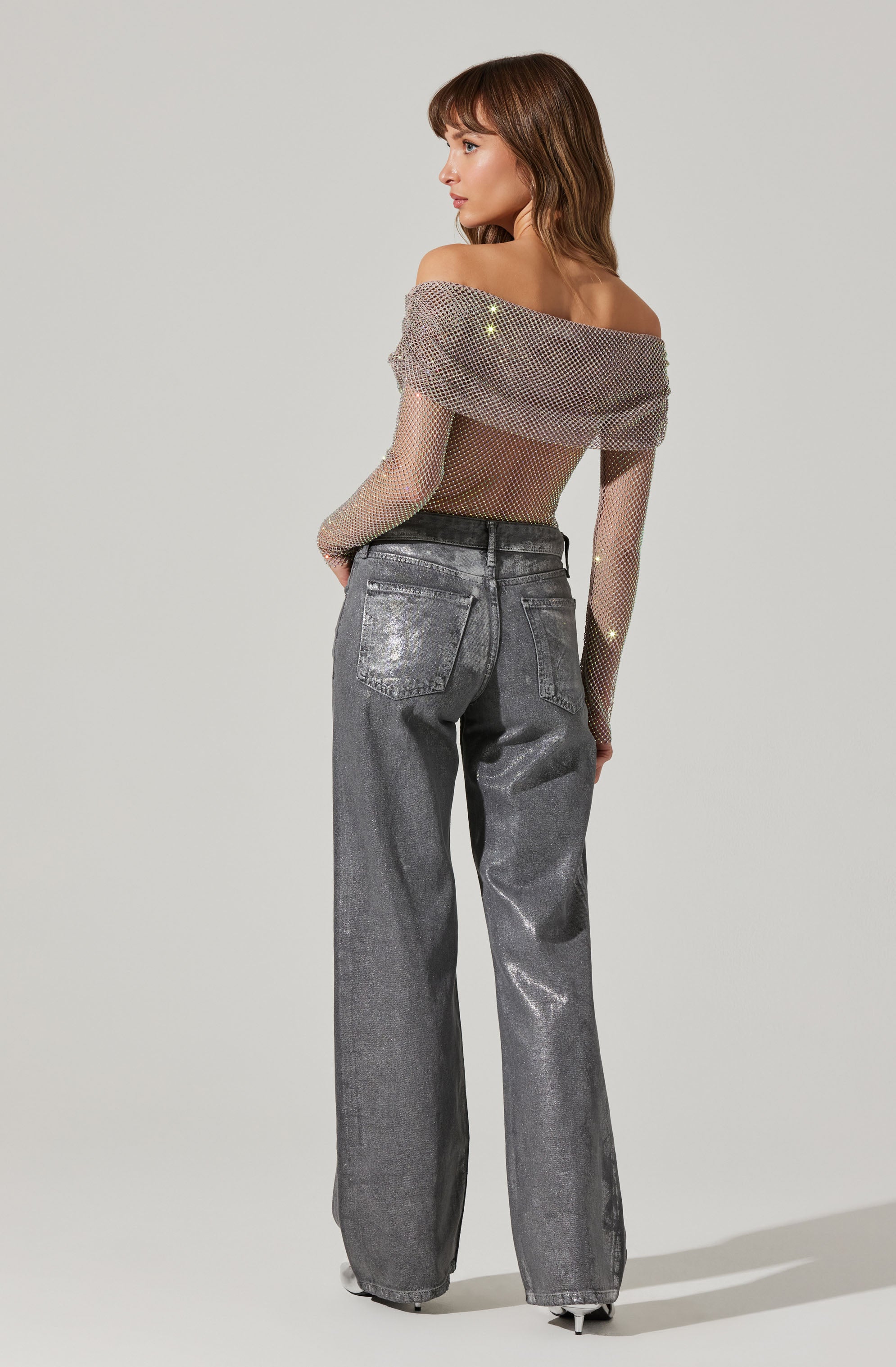 Diamante Rhinestone Mesh Off Shoulder Top-Aljck