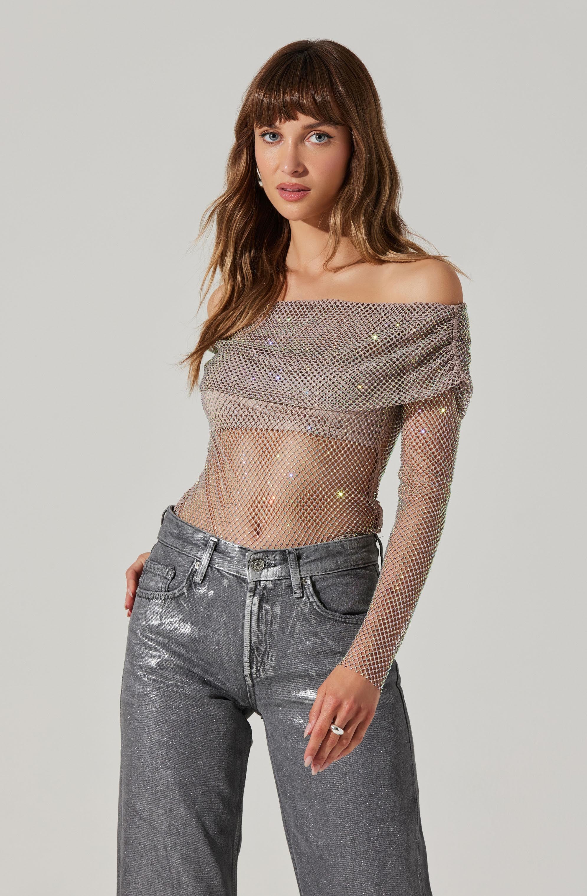 Diamante Rhinestone Mesh Off Shoulder Top-Aljck