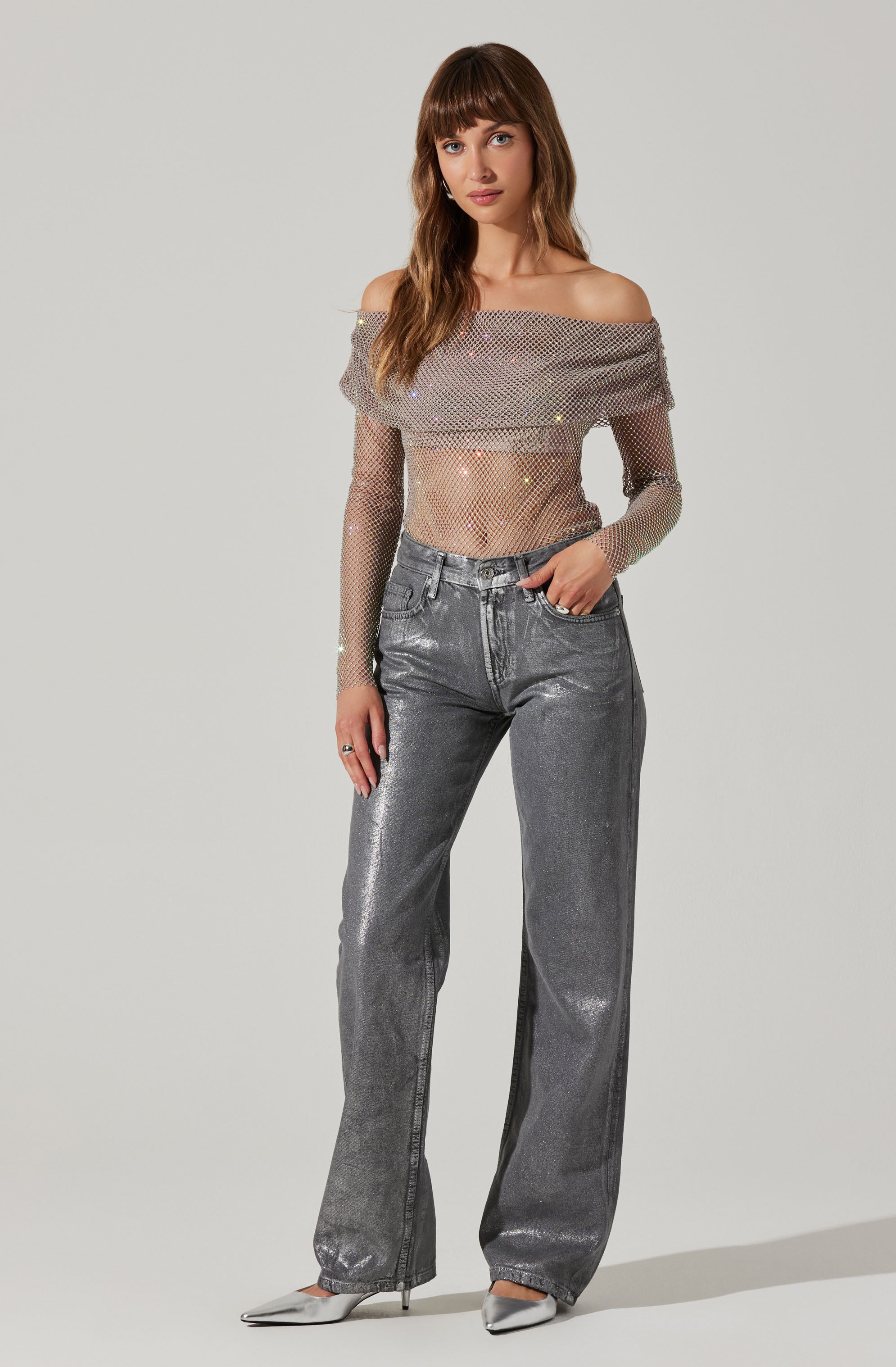 Diamante Rhinestone Mesh Off Shoulder Top-Aljck