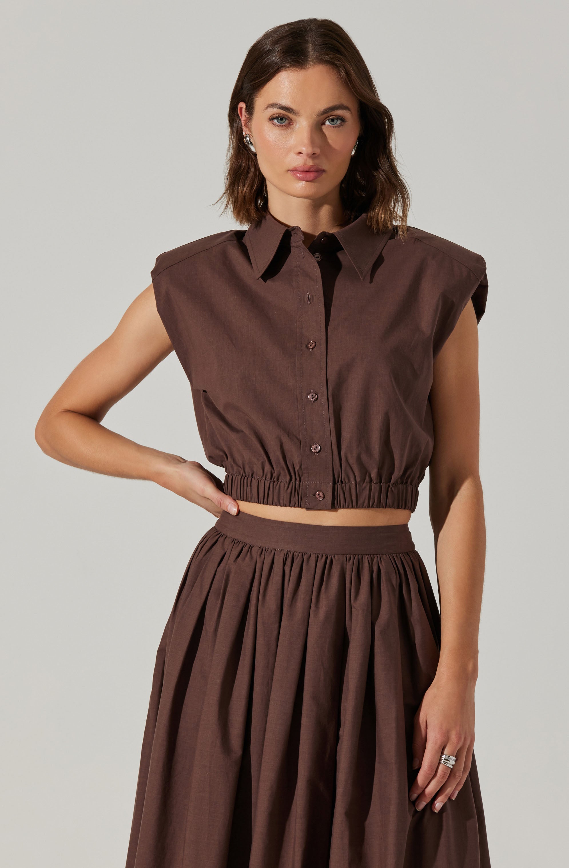 Bysen Padded Shoulder Button-Up Top-Aljck