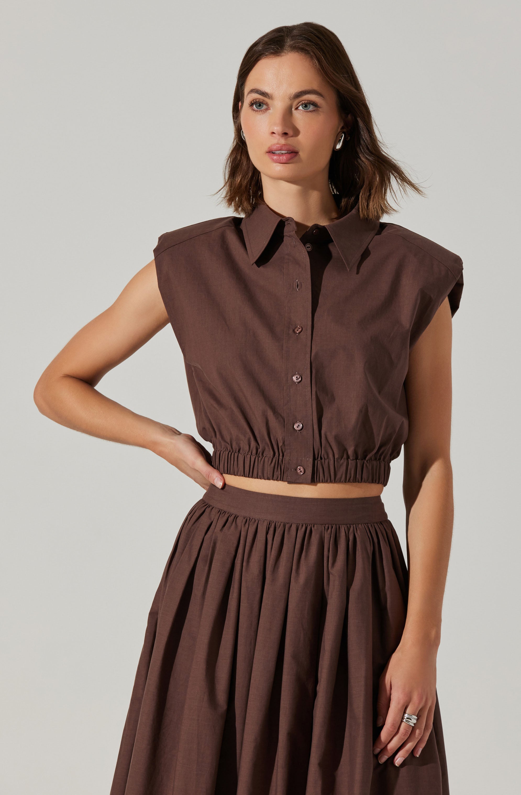 Bysen Padded Shoulder Button-Up Top-Aljck