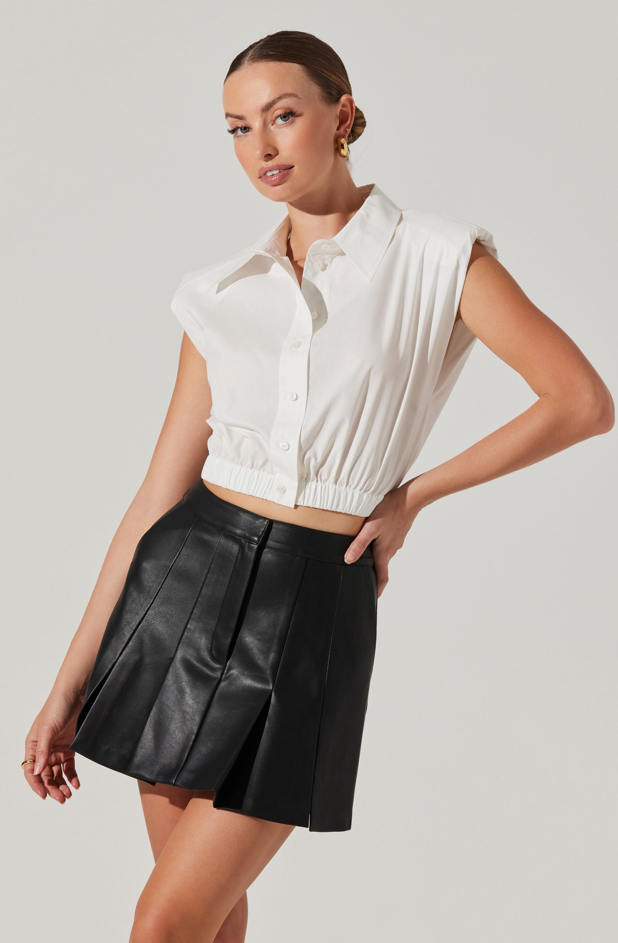 Bysen Padded Shoulder Button-Up Top-Aljck