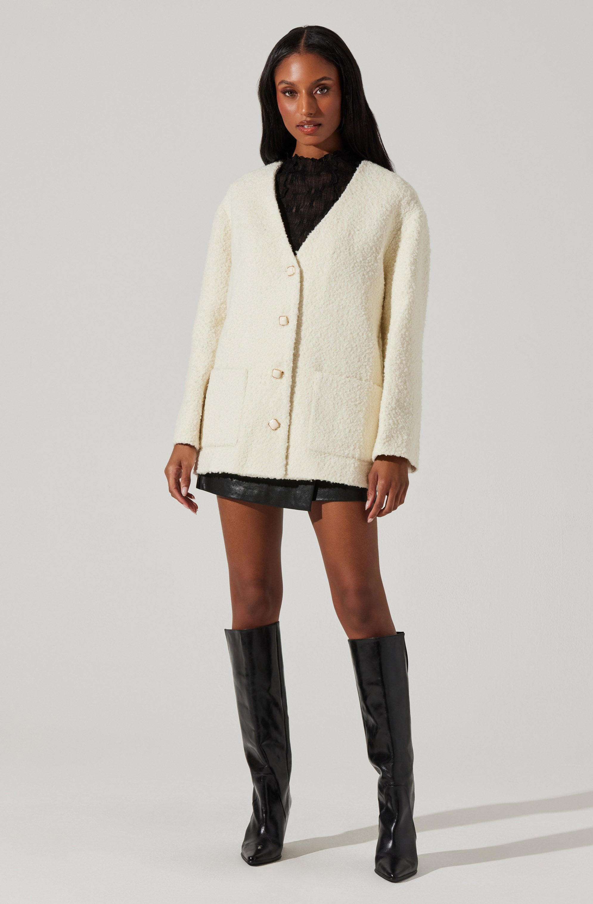 Maidy Boucle V-Neck Coat-Aljck