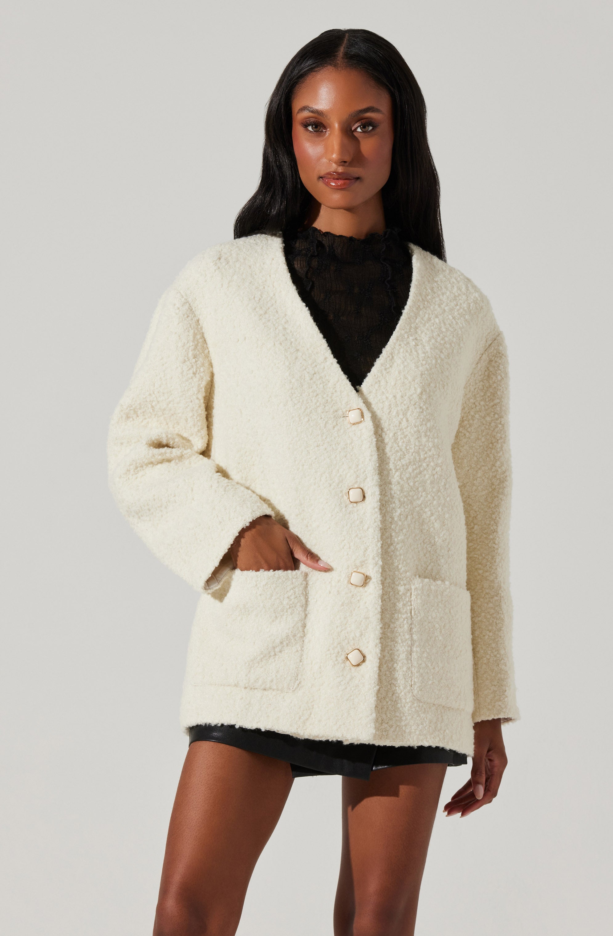 Maidy Boucle V-Neck Coat-Aljck