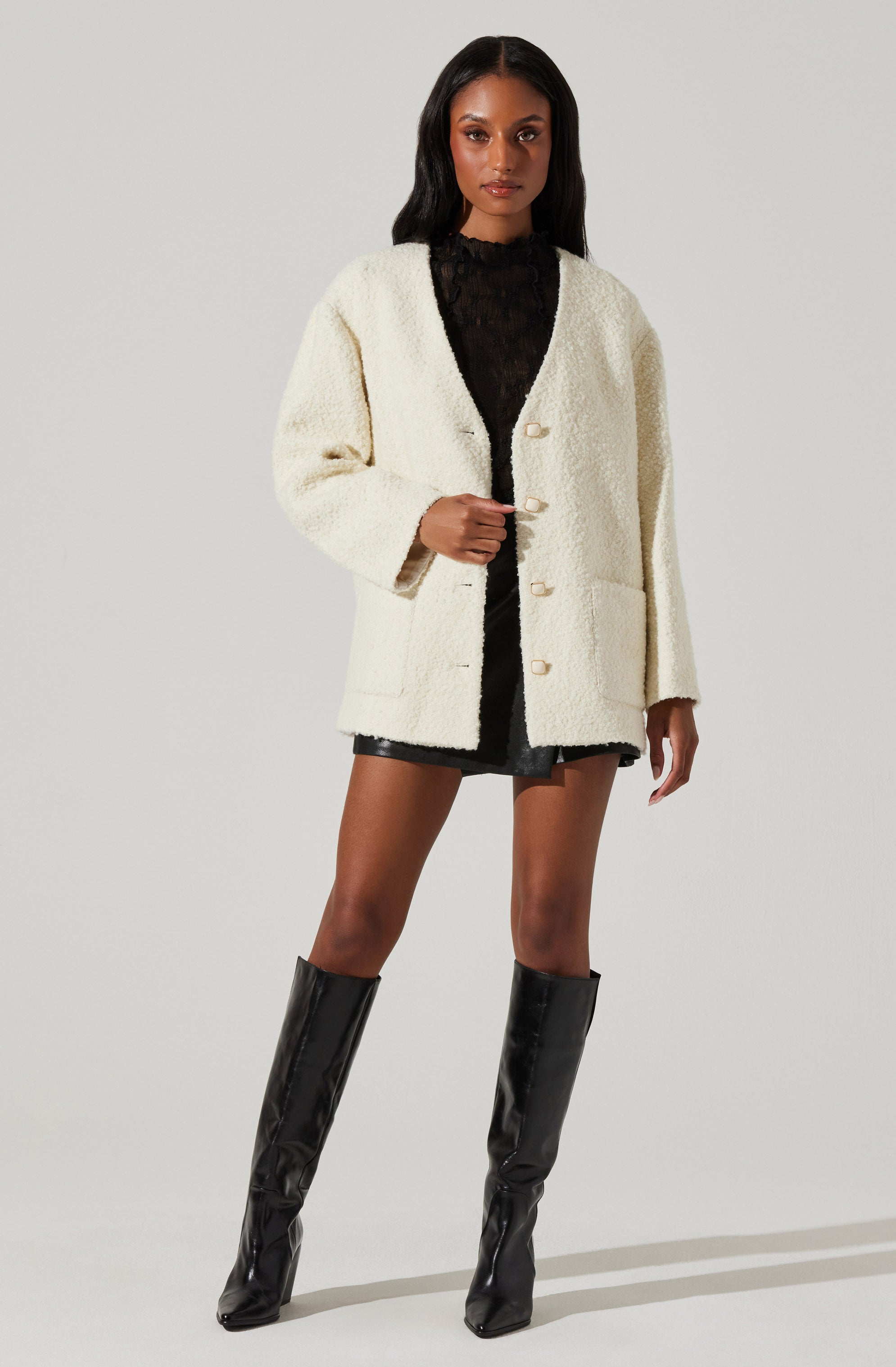 Maidy Boucle V-Neck Coat-Aljck