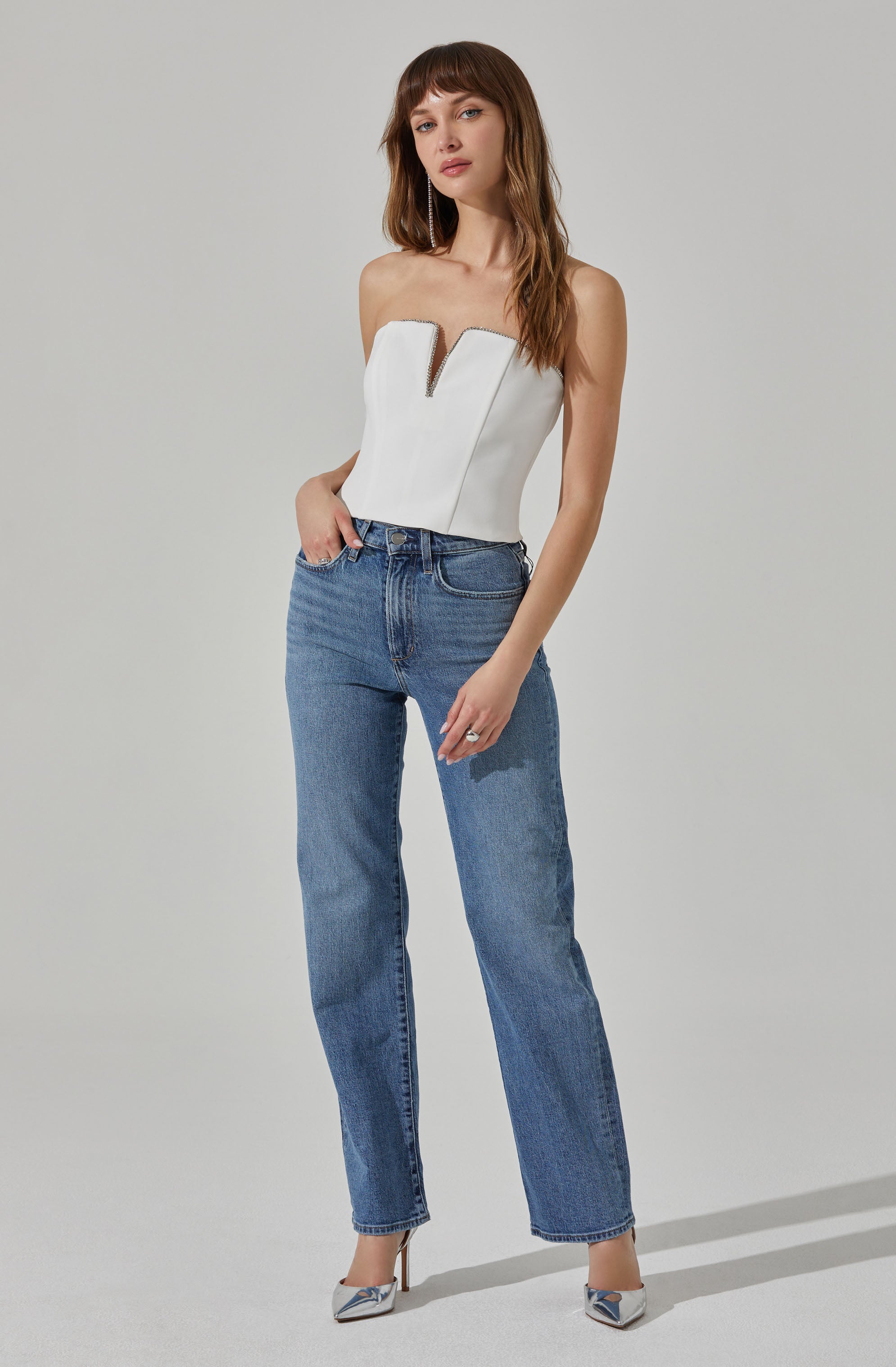 Amell Strapless Rhinestone Trim Top-Aljck