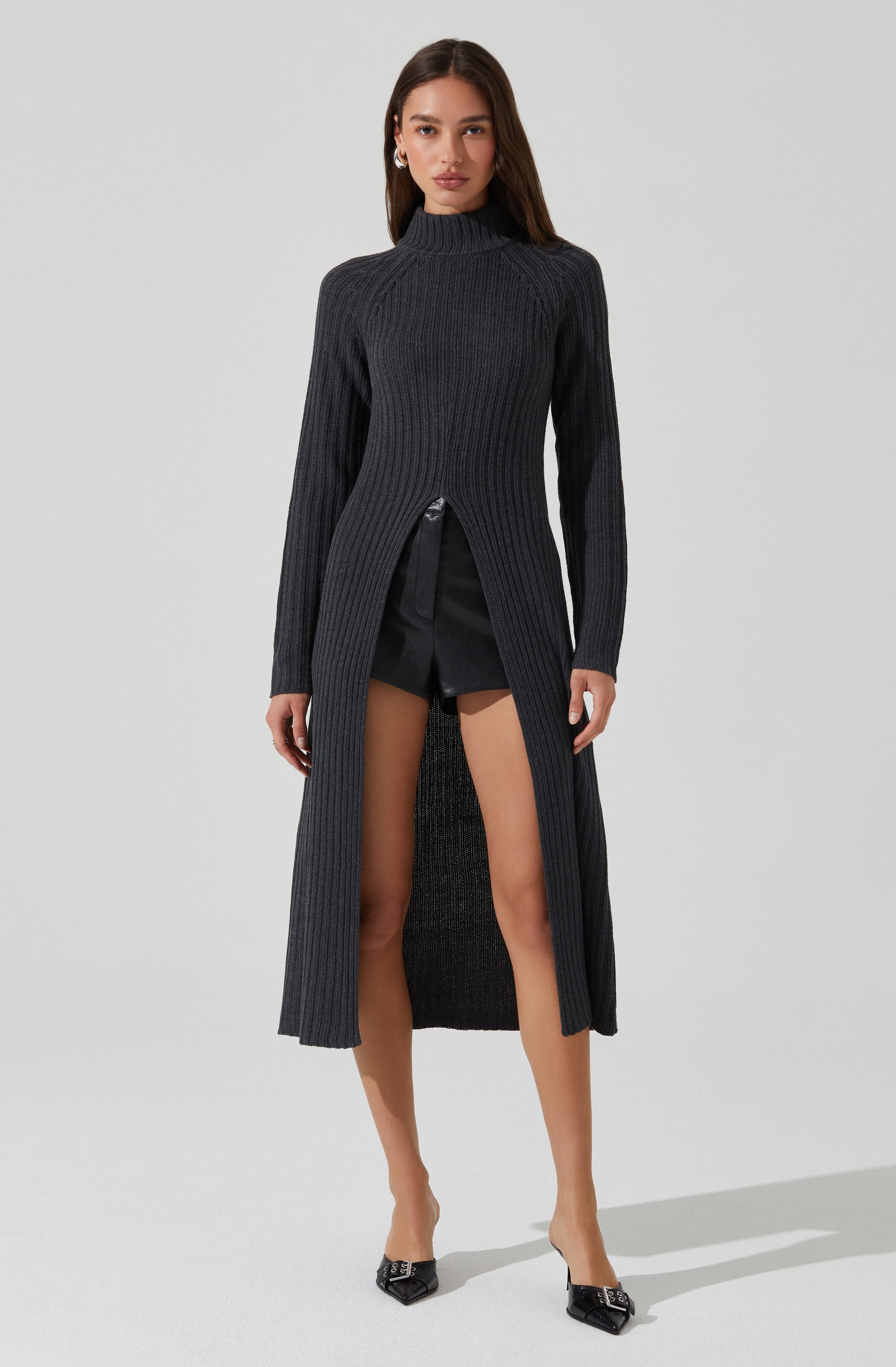 Estilo Mock Neck Slit Sweater-Aljck