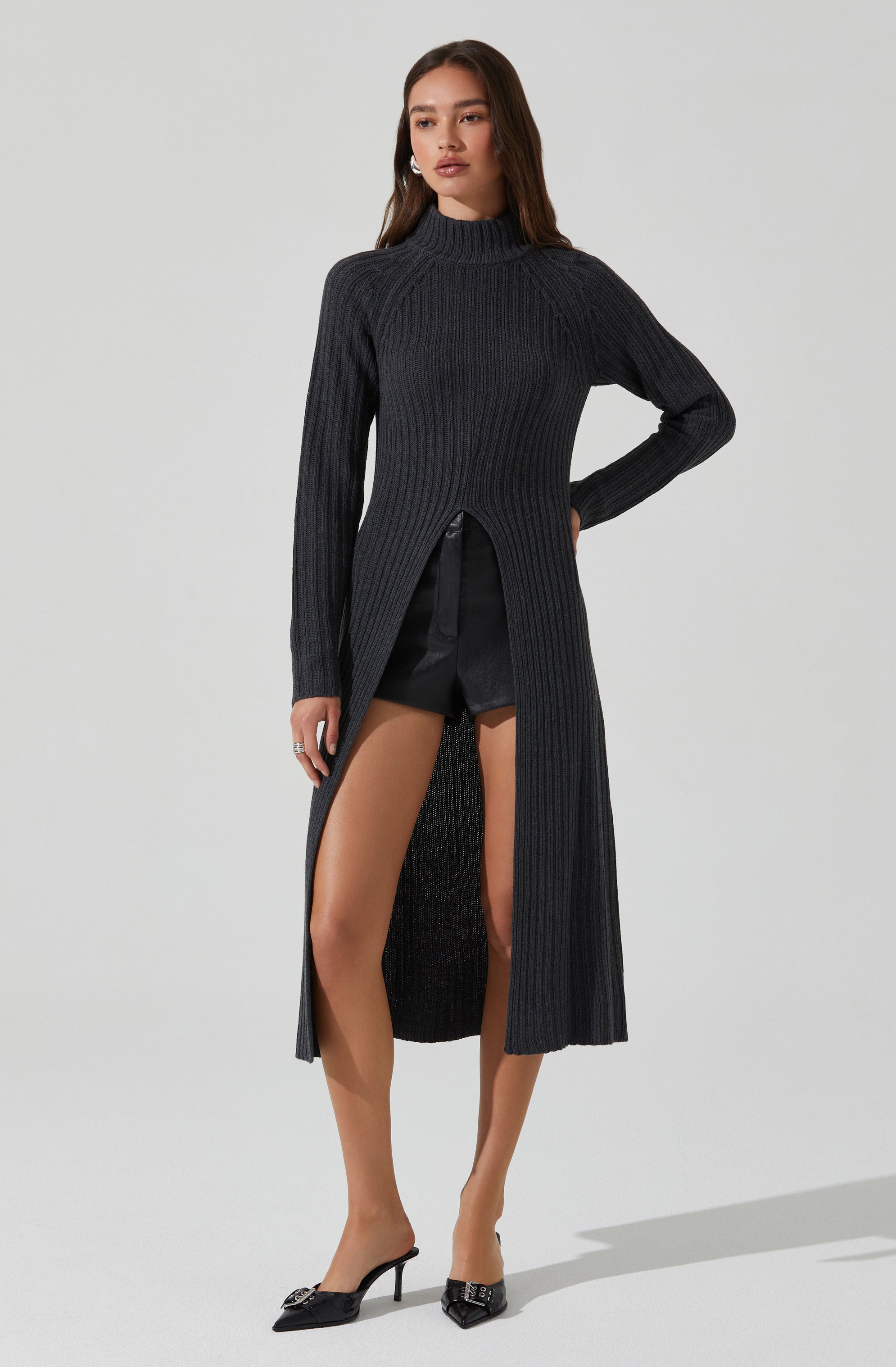 Estilo Mock Neck Slit Sweater-Aljck