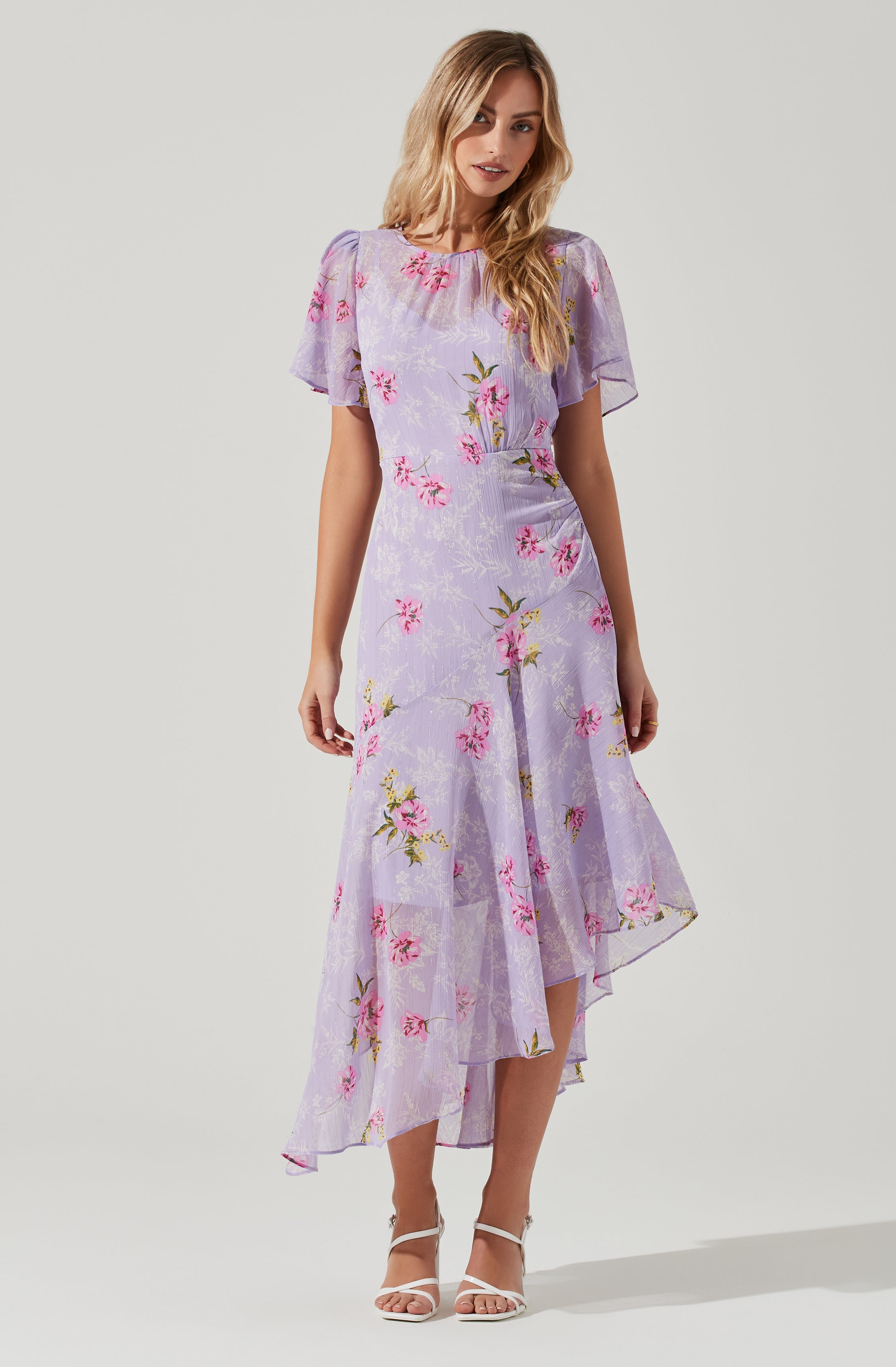 Flutter Sleeve Asymmetrical Floral Maxi Dress-Aljck