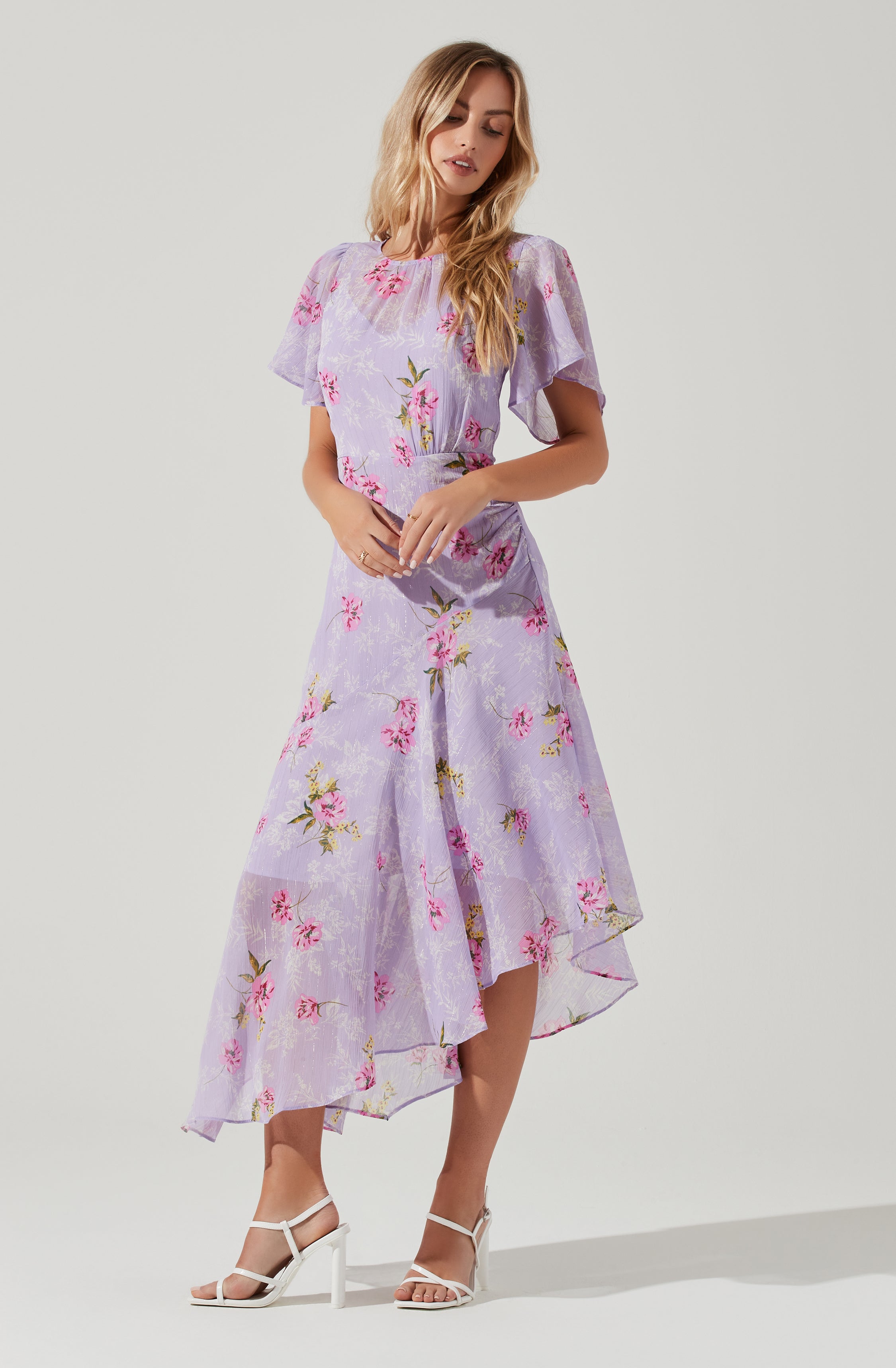 Flutter Sleeve Asymmetrical Floral Maxi Dress-Aljck