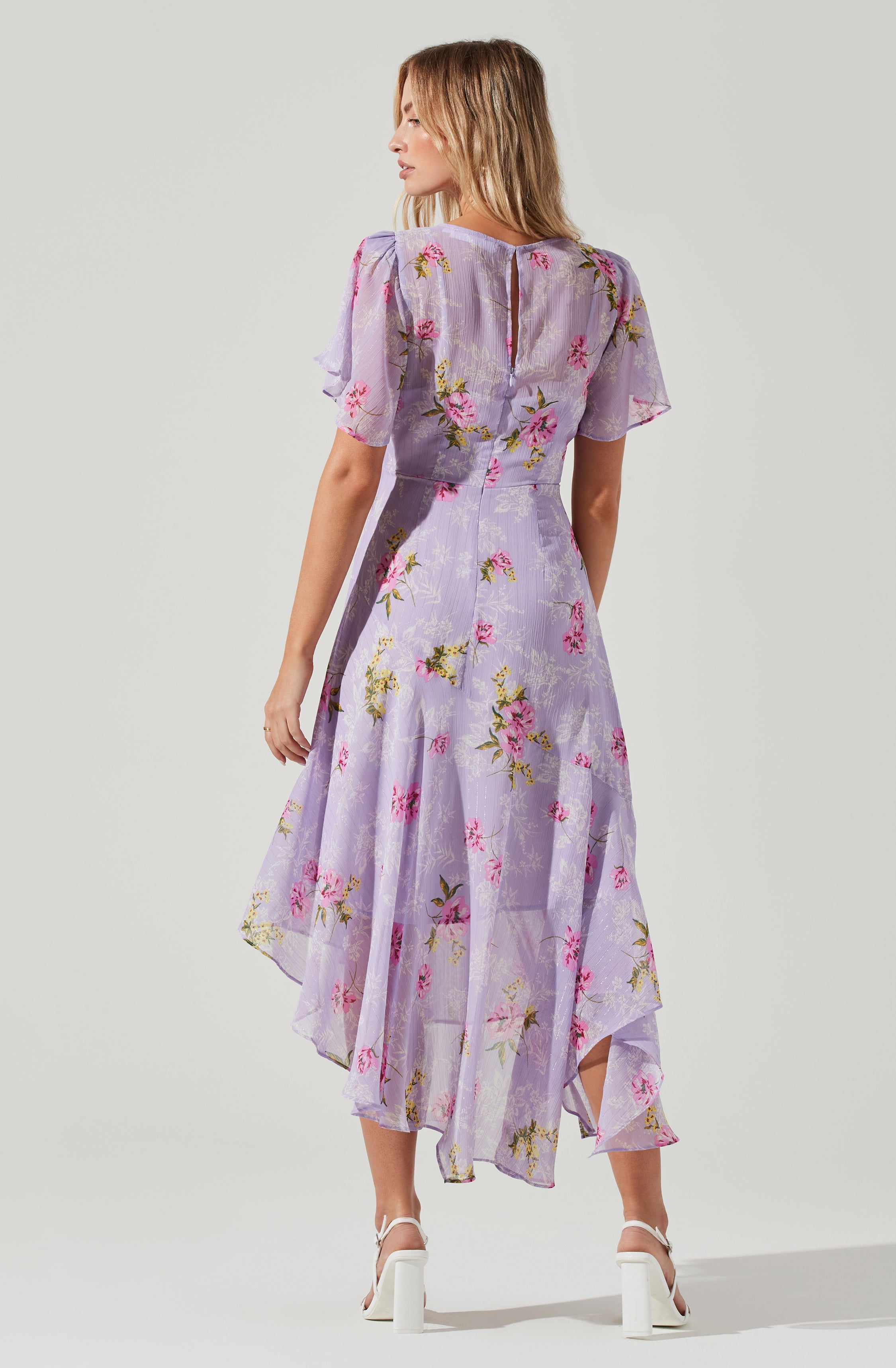 Flutter Sleeve Asymmetrical Floral Maxi Dress-Aljck