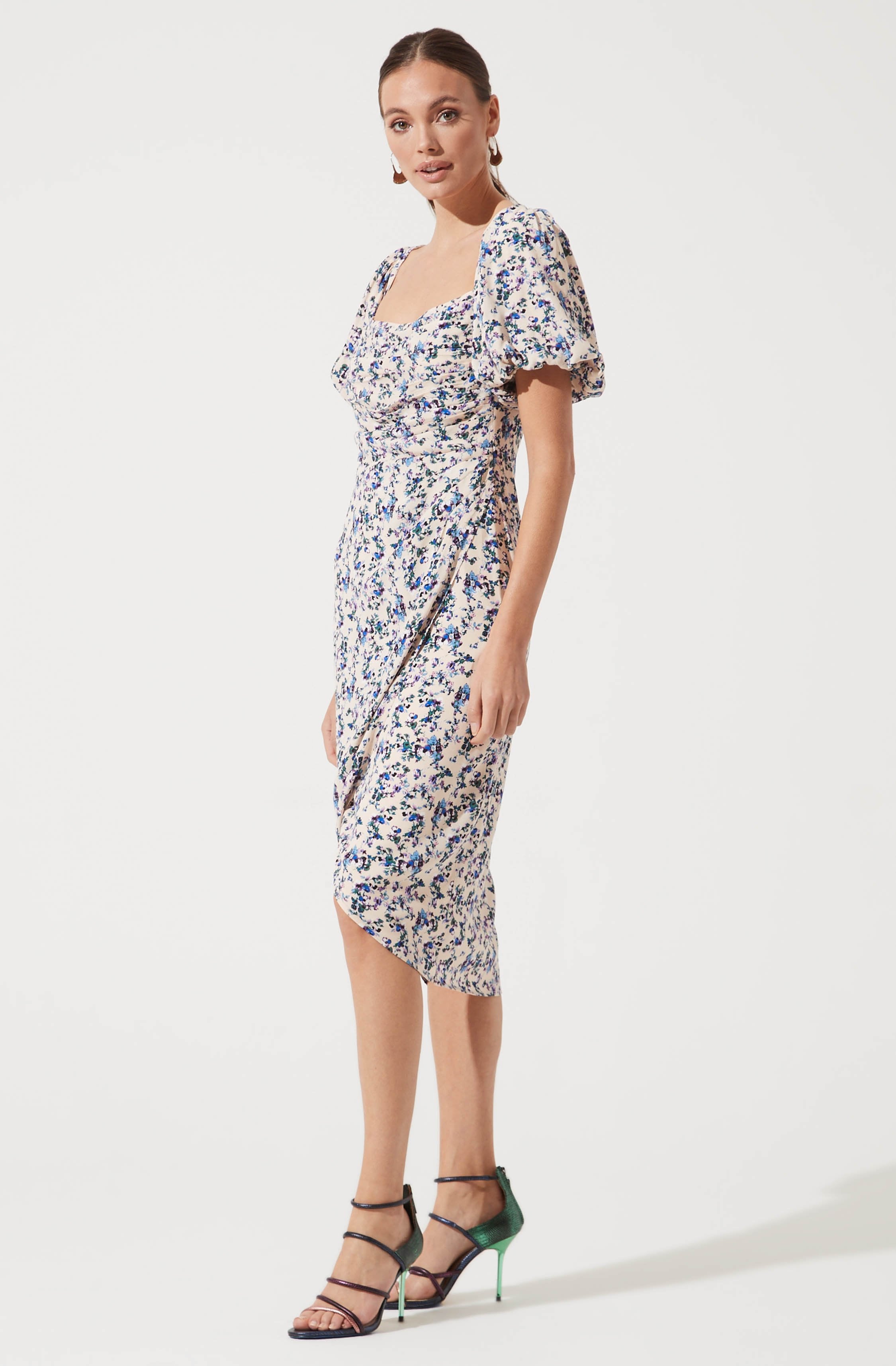 Square Neck Bubble Sleeve Dress-Aljck