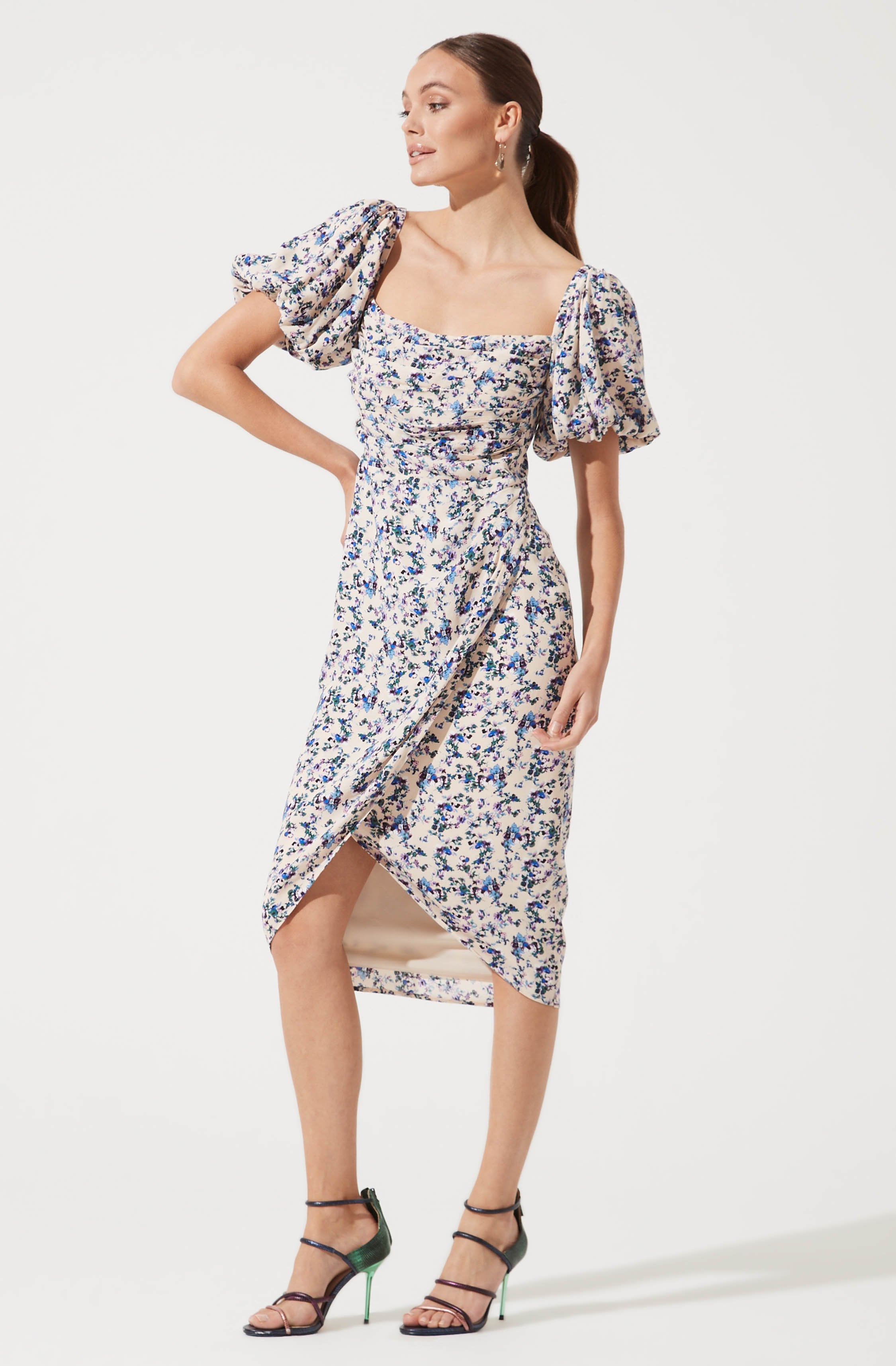 Square Neck Bubble Sleeve Dress-Aljck
