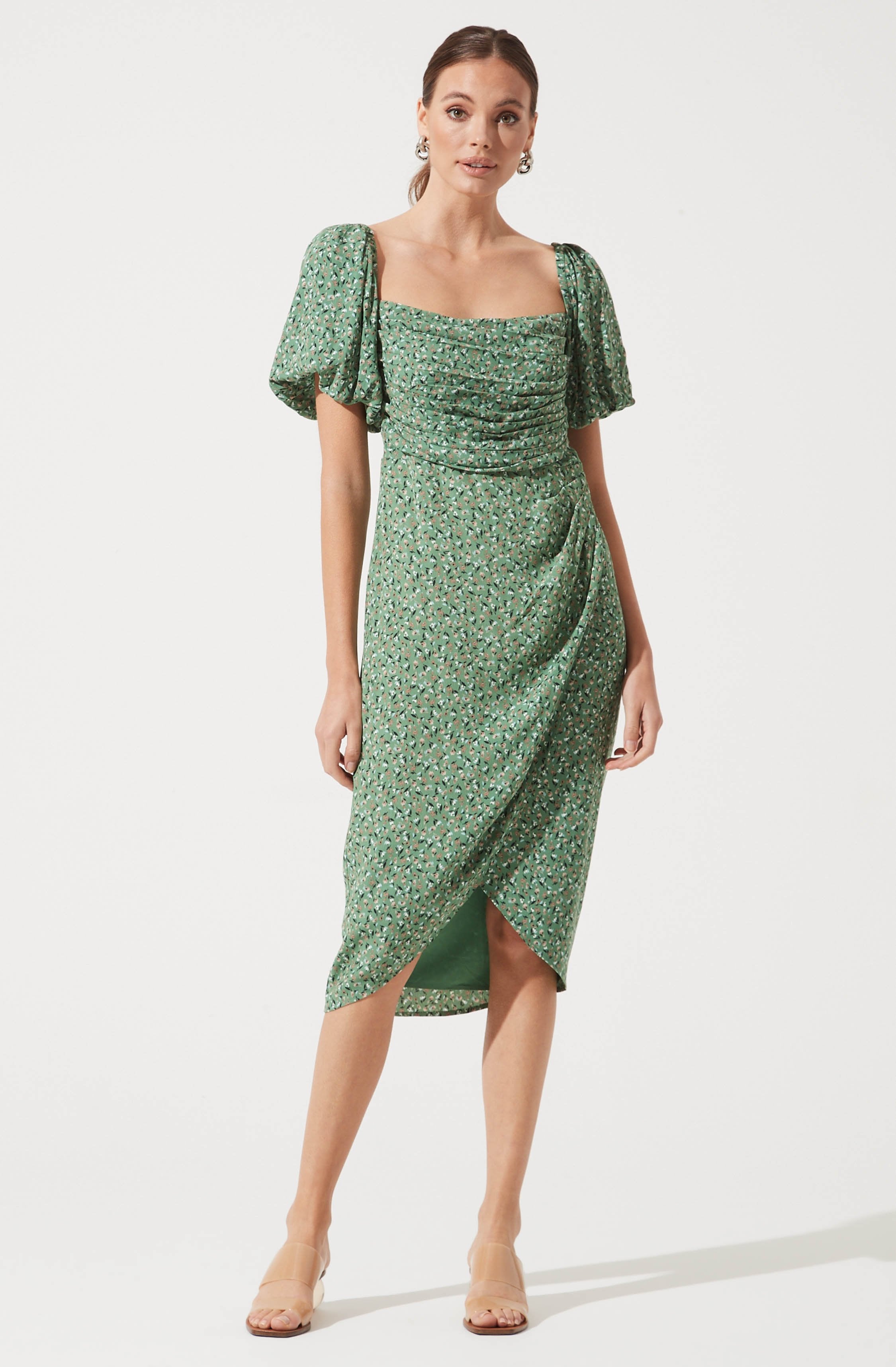 Square Neck Bubble Sleeve Dress-Aljck