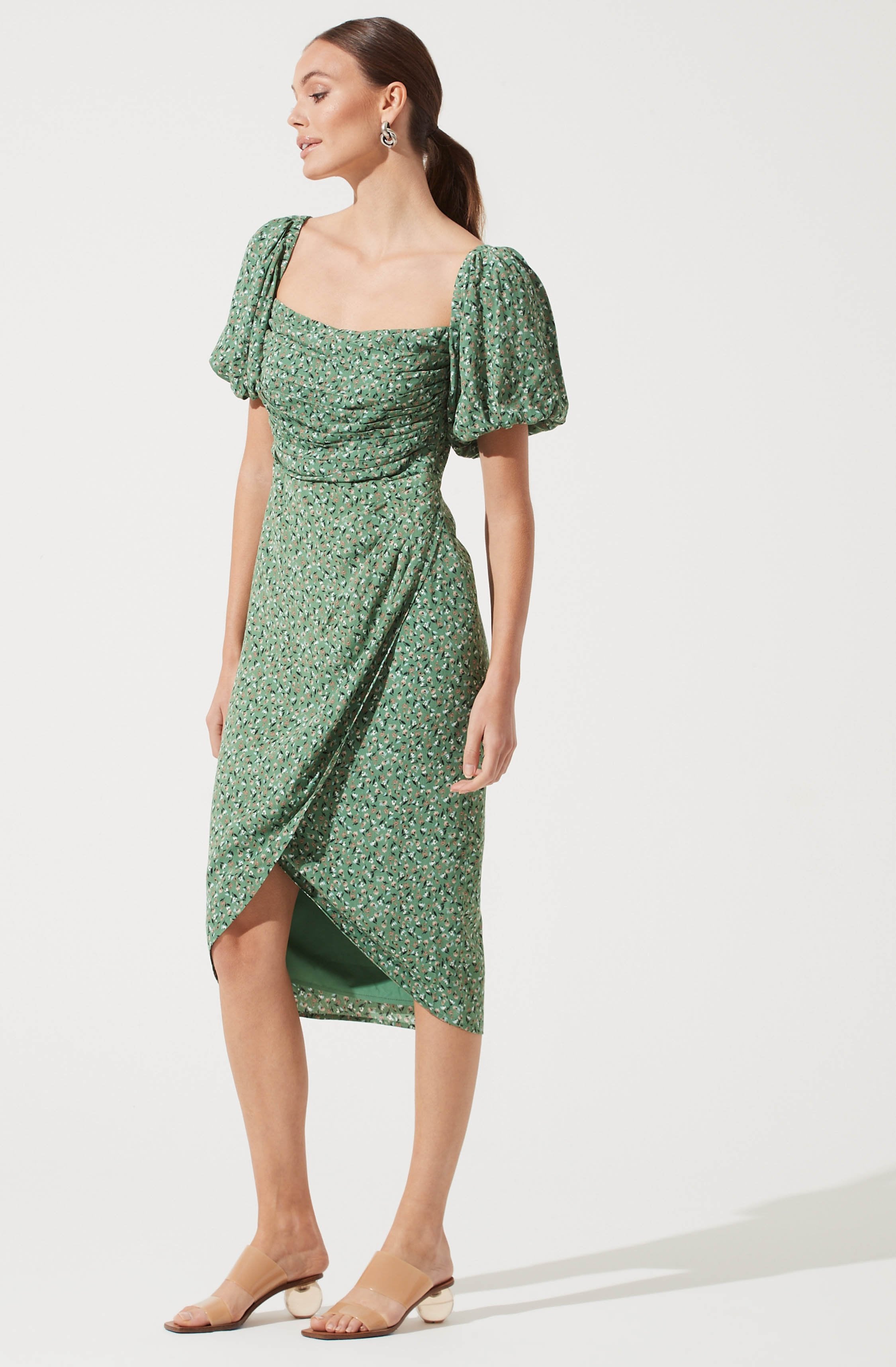 Square Neck Bubble Sleeve Dress-Aljck