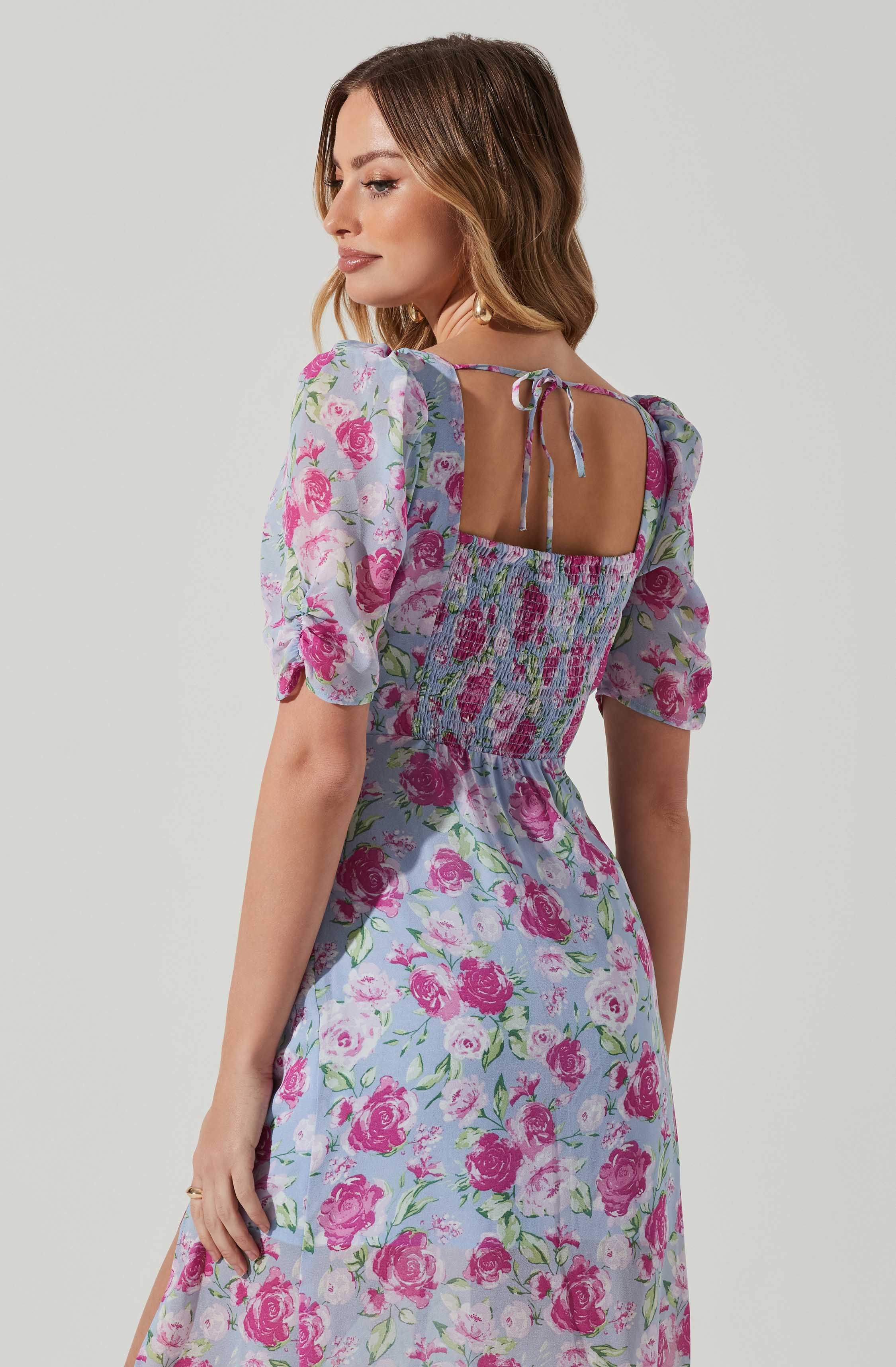 Floral Front Slit Milkmaid Midi Dress-Aljck