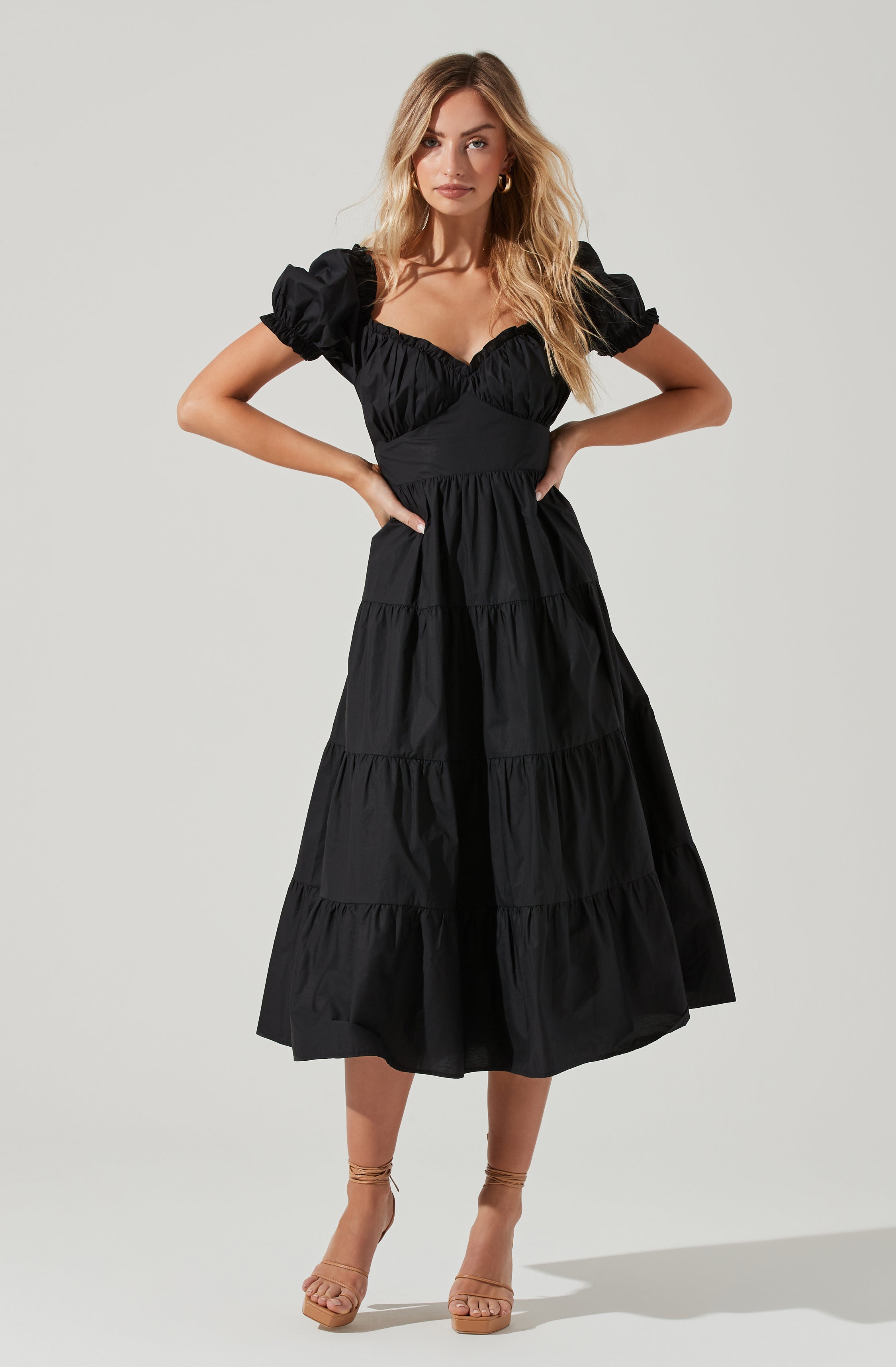 Short Sleeve Cinched Bust Midi Dress-Aljck