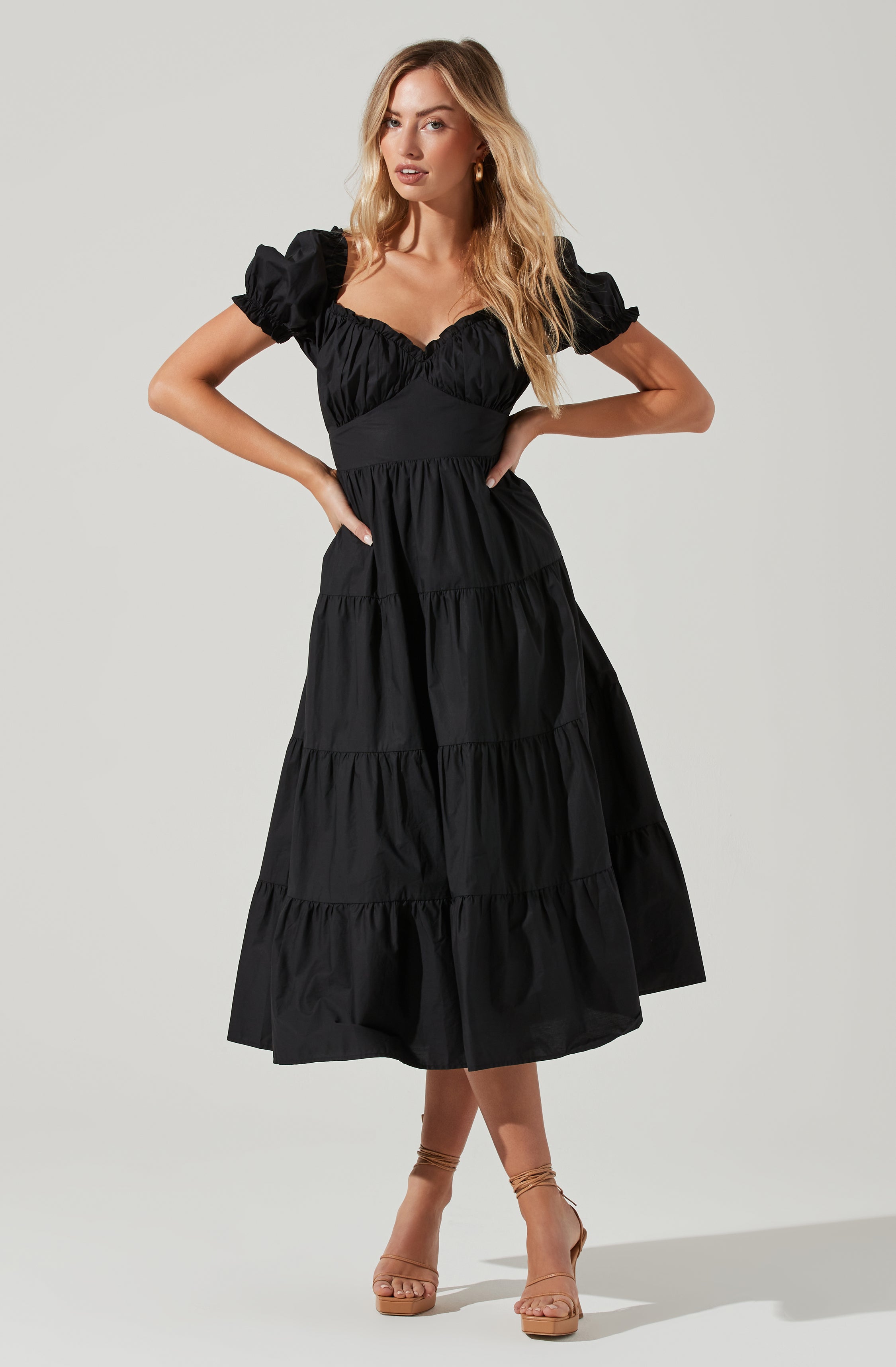 Short Sleeve Cinched Bust Midi Dress-Aljck