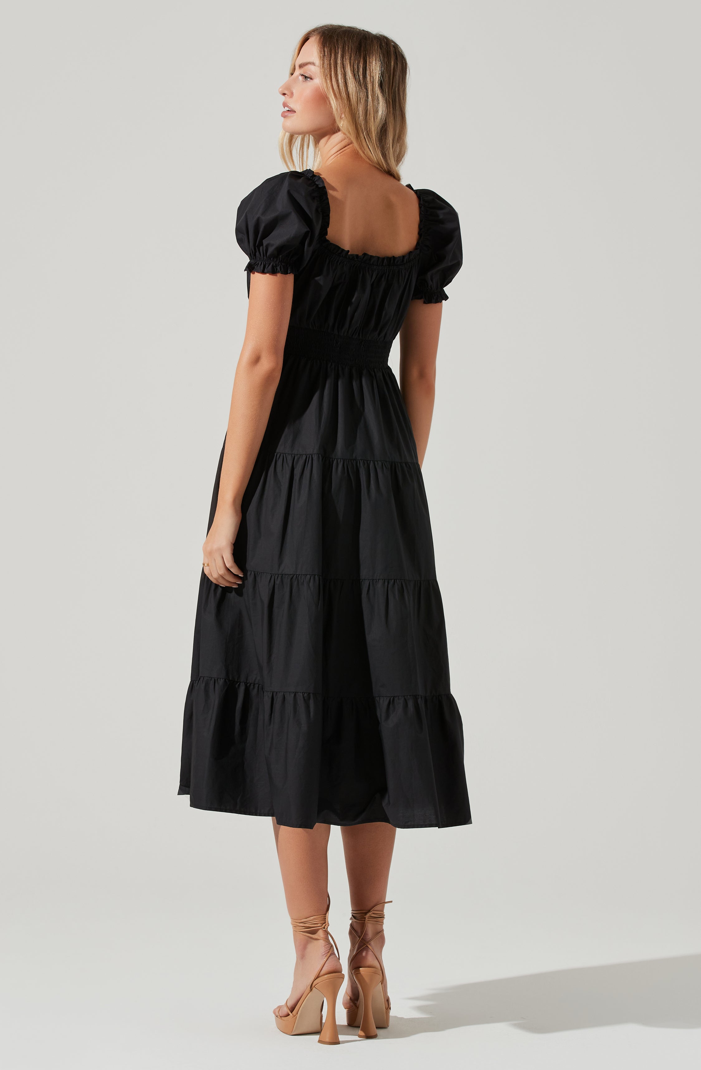 Short Sleeve Cinched Bust Midi Dress-Aljck