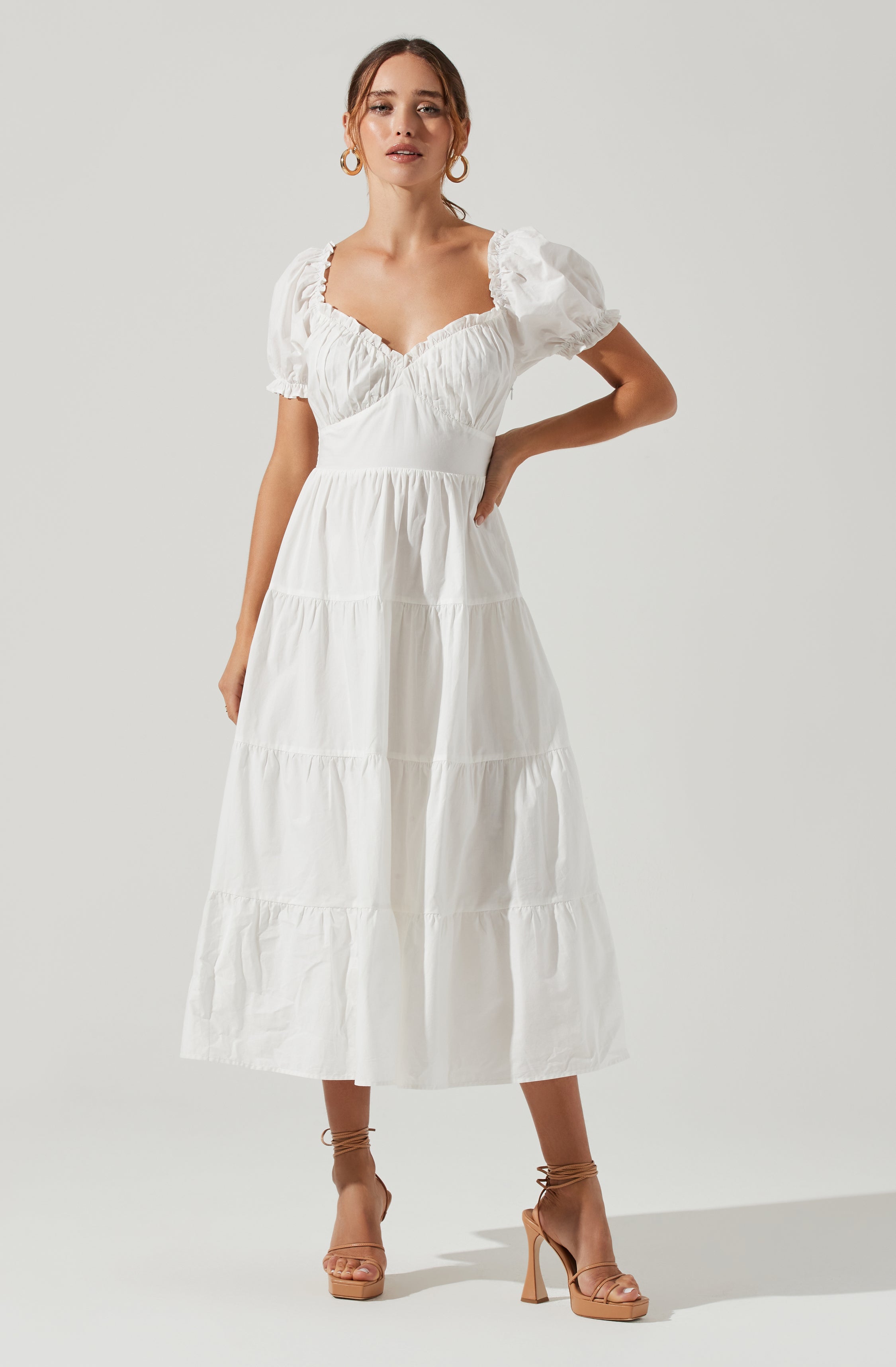 Short Sleeve Cinched Bust Midi Dress-Aljck