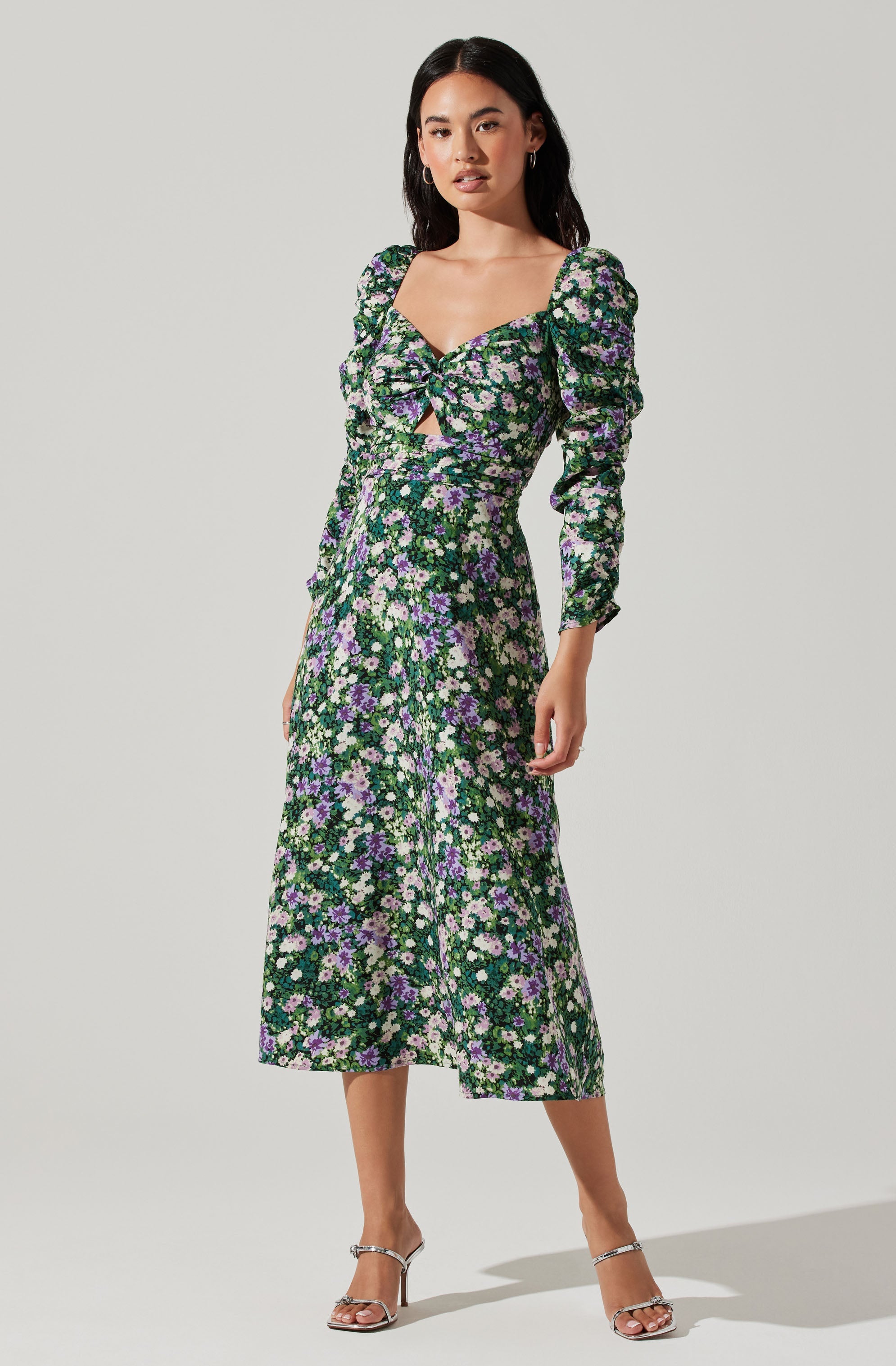 Floral Long Sleeve Twist Keyhole Front Midi Dress-Aljck
