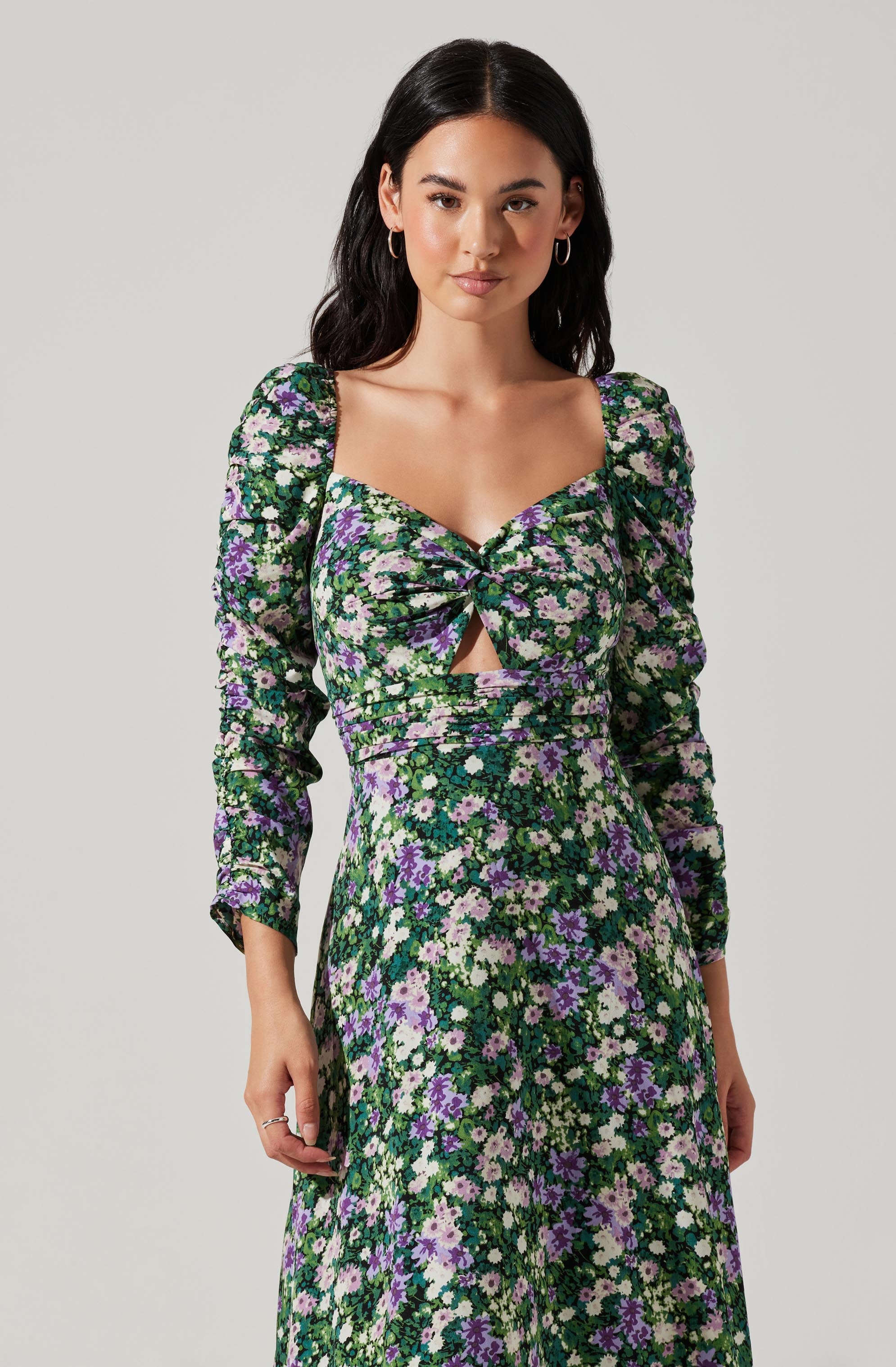 Floral Long Sleeve Twist Keyhole Front Midi Dress-Aljck