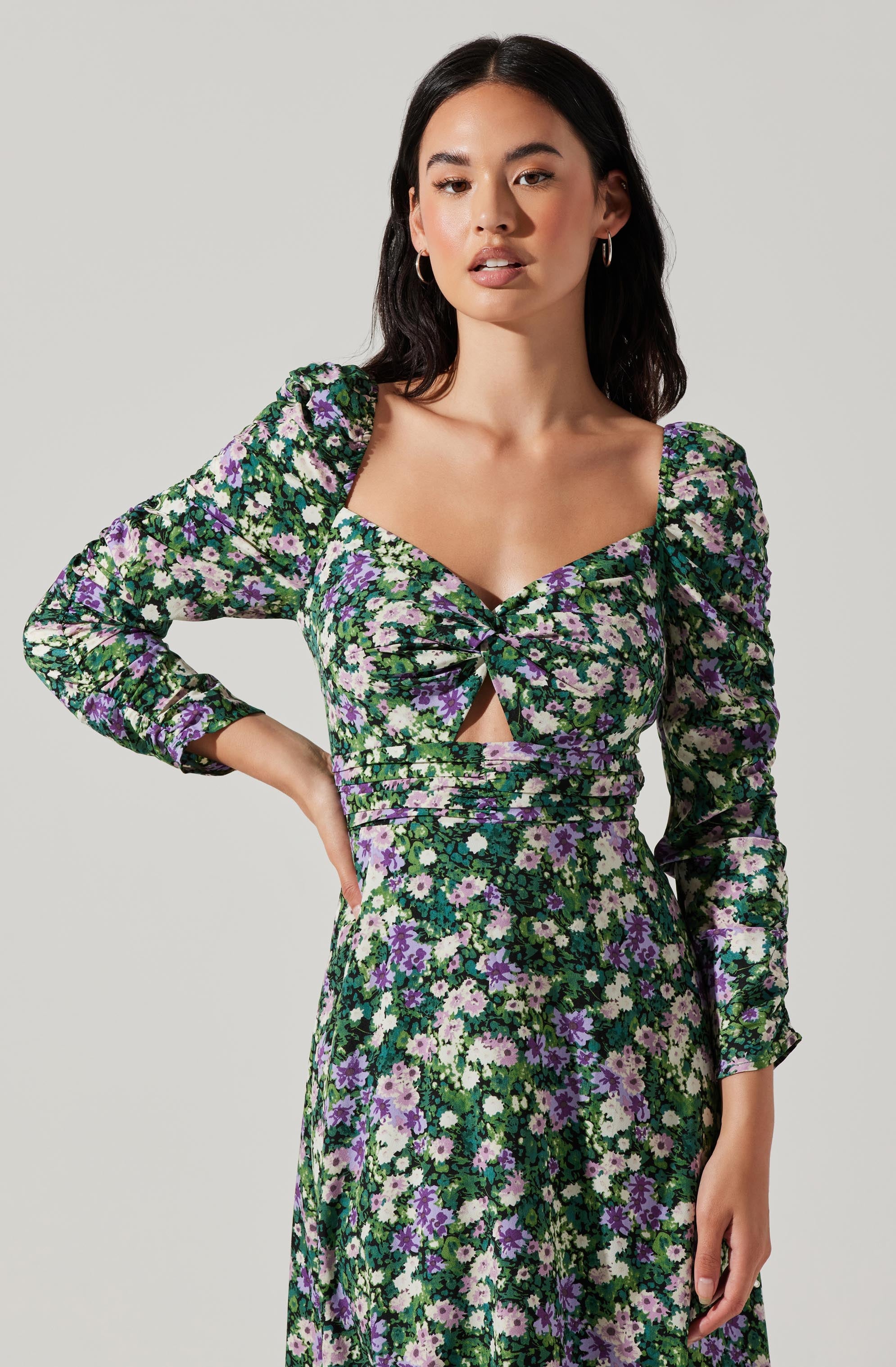 Floral Long Sleeve Twist Keyhole Front Midi Dress-Aljck