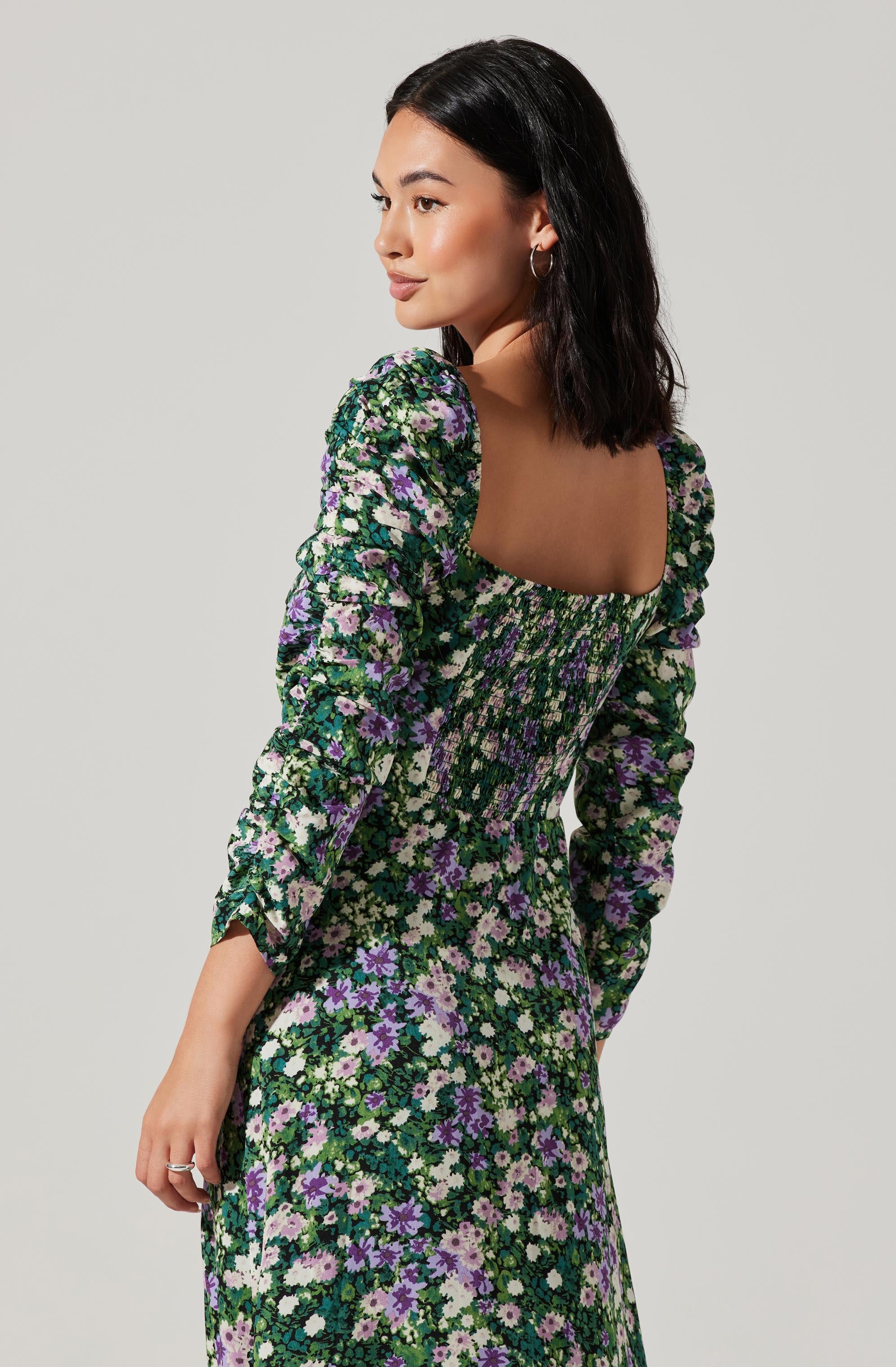 Floral Long Sleeve Twist Keyhole Front Midi Dress-Aljck