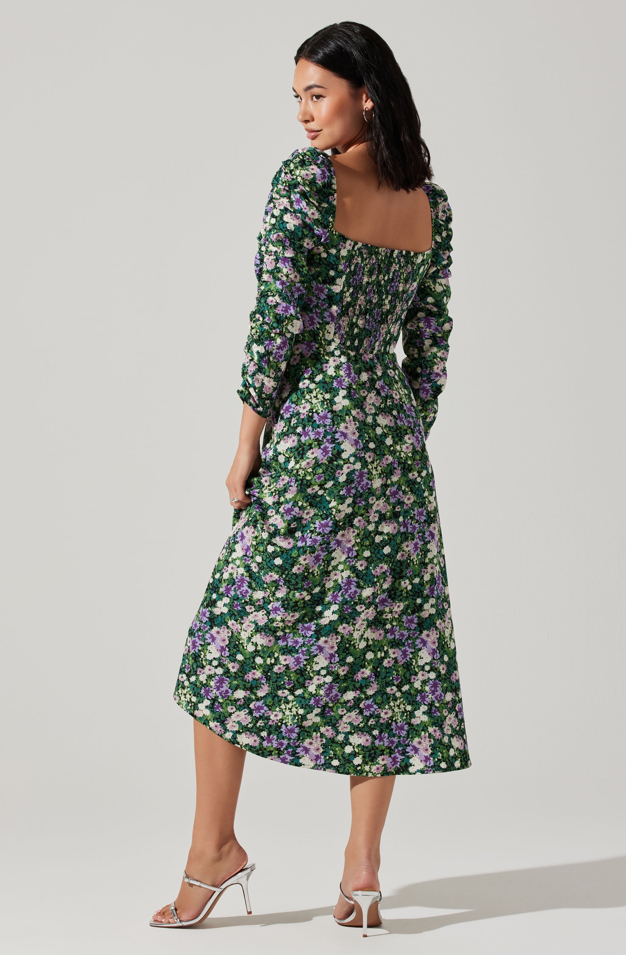 Floral Long Sleeve Twist Keyhole Front Midi Dress-Aljck