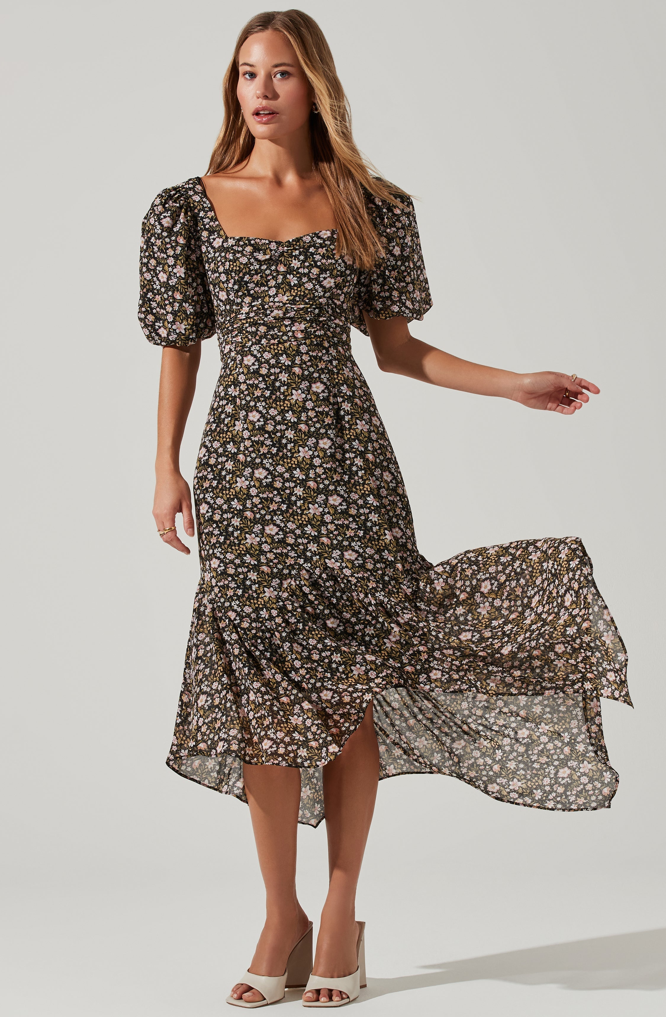 Floral Short Sleeve Asymmetrical Hem Midi Dress-Aljck