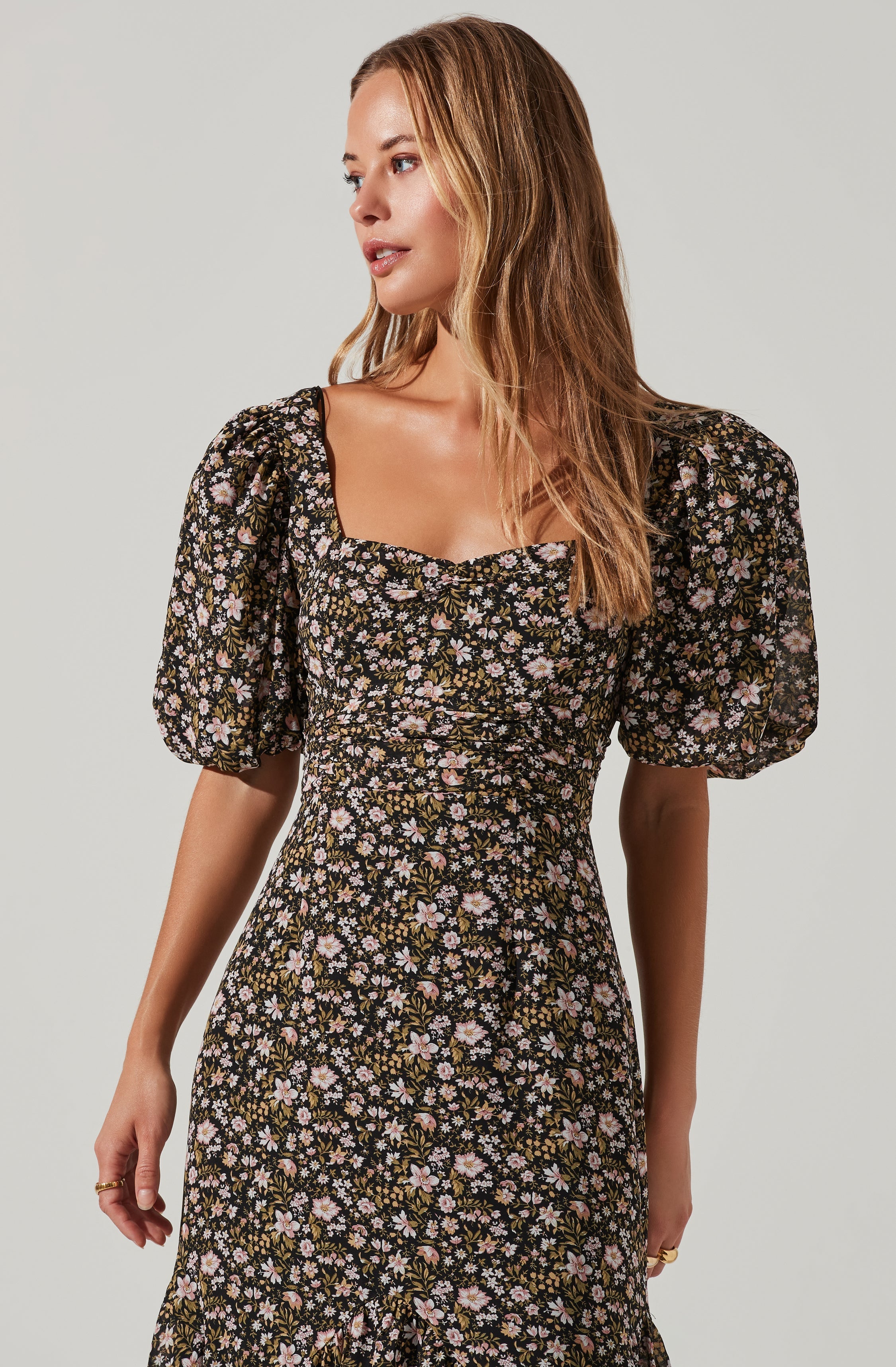 Floral Short Sleeve Asymmetrical Hem Midi Dress-Aljck