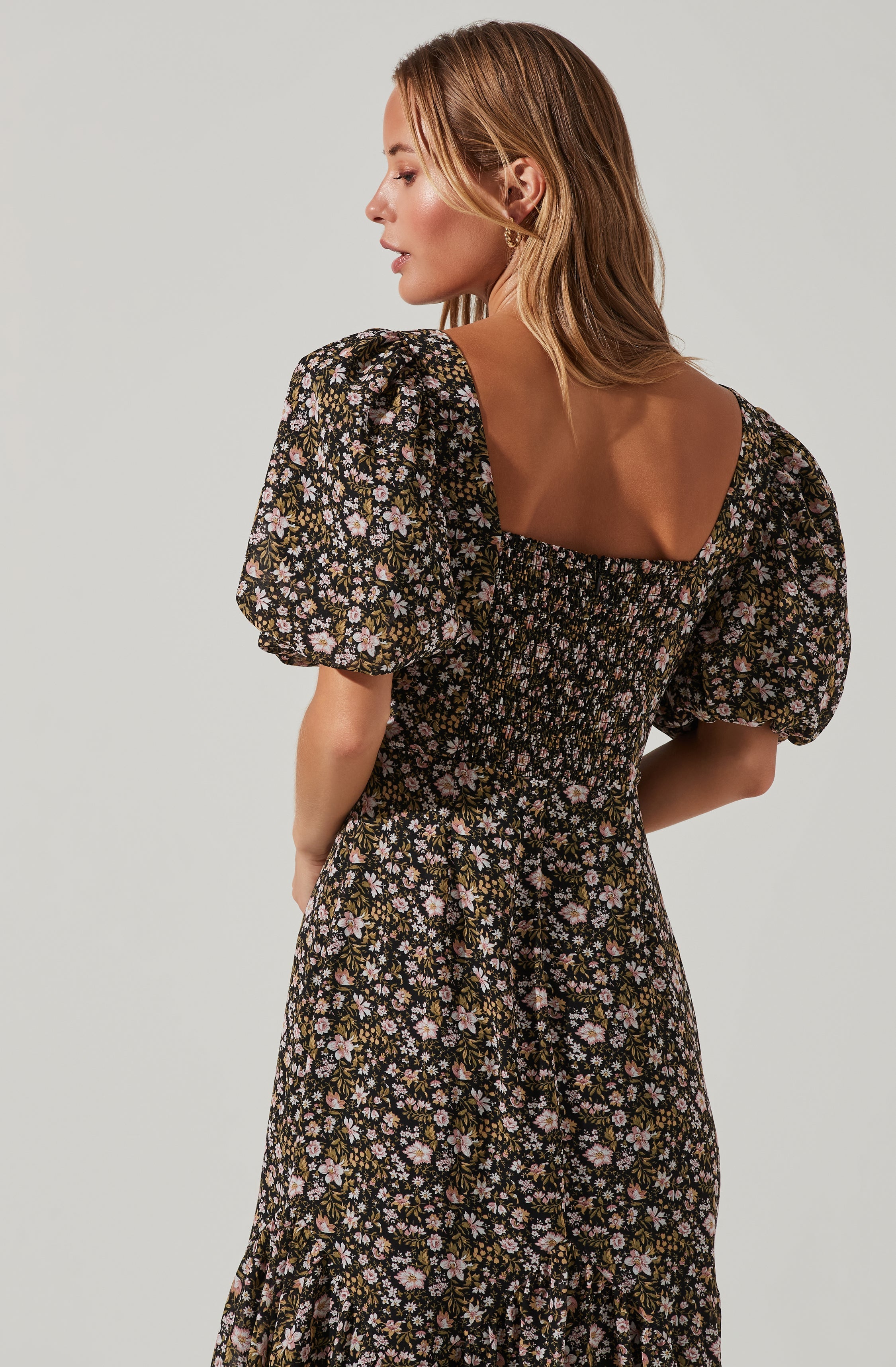 Floral Short Sleeve Asymmetrical Hem Midi Dress-Aljck