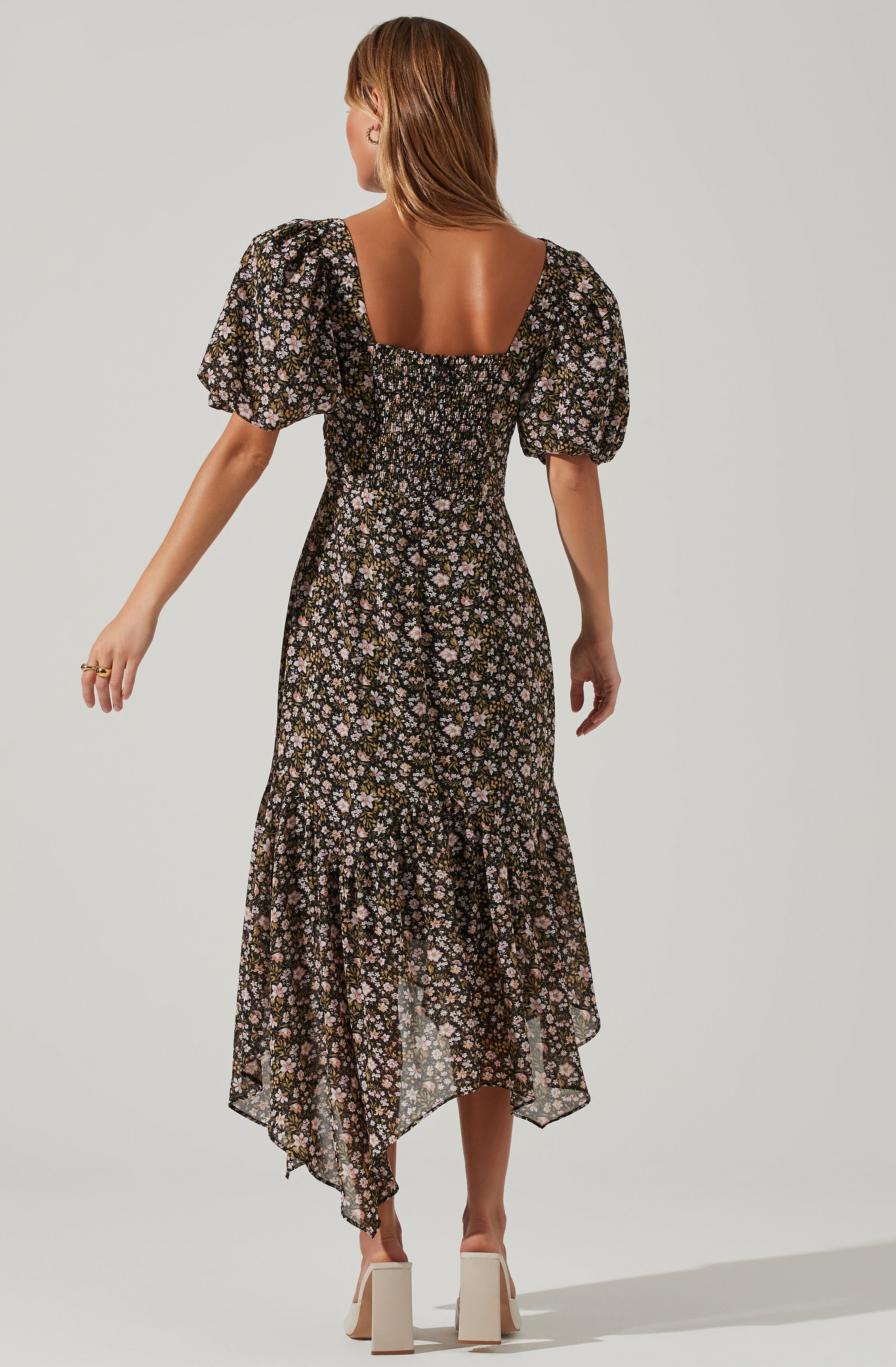 Floral Short Sleeve Asymmetrical Hem Midi Dress-Aljck